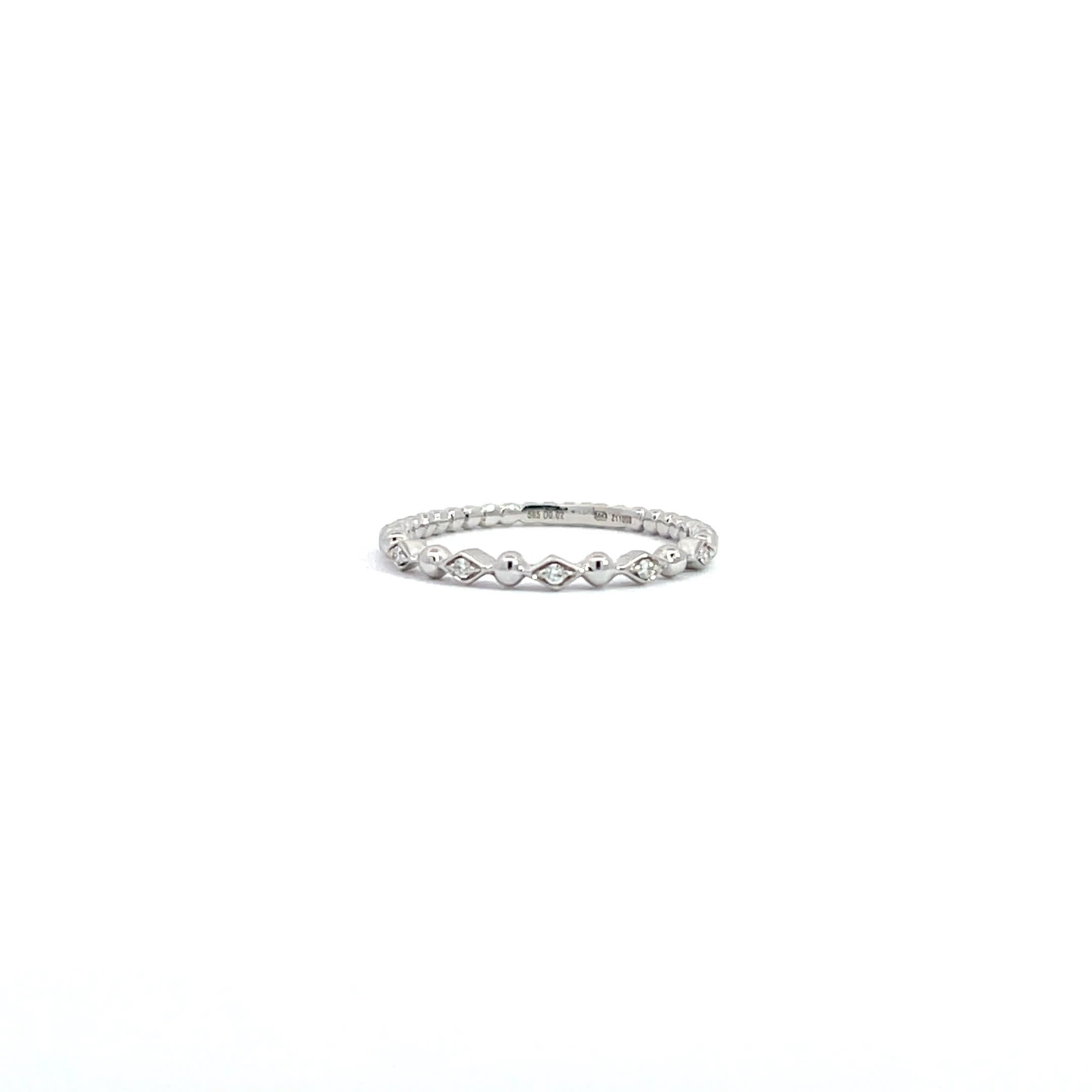 14K White Gold Beaded Ring with 5 Diamonds