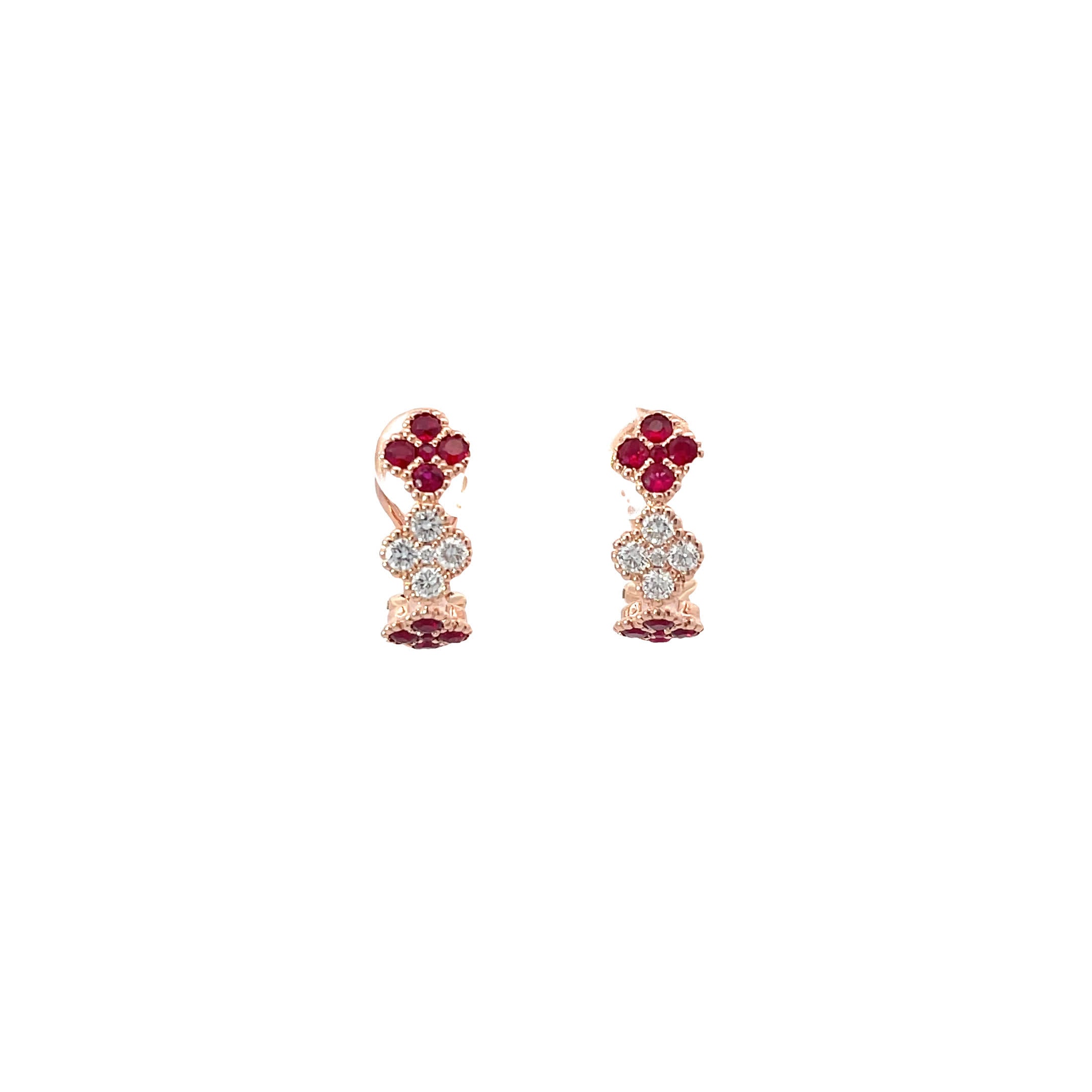 14k Clover Style Rose Gold Latch Back Earrings with 20 Rubies and 10 Diamonds