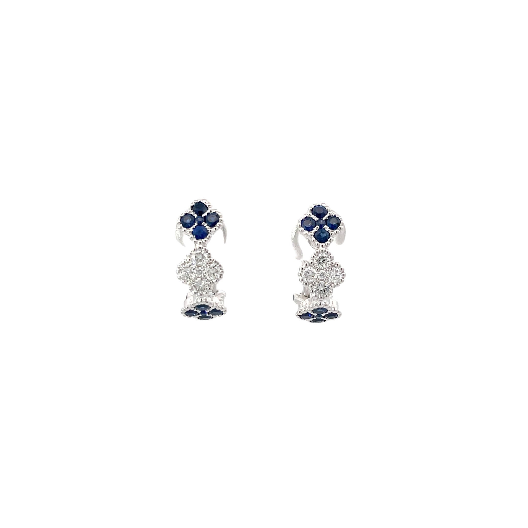 14k Clover Style White Gold Latch Back Earrings with 20 Sapphires and 10 Diamonds