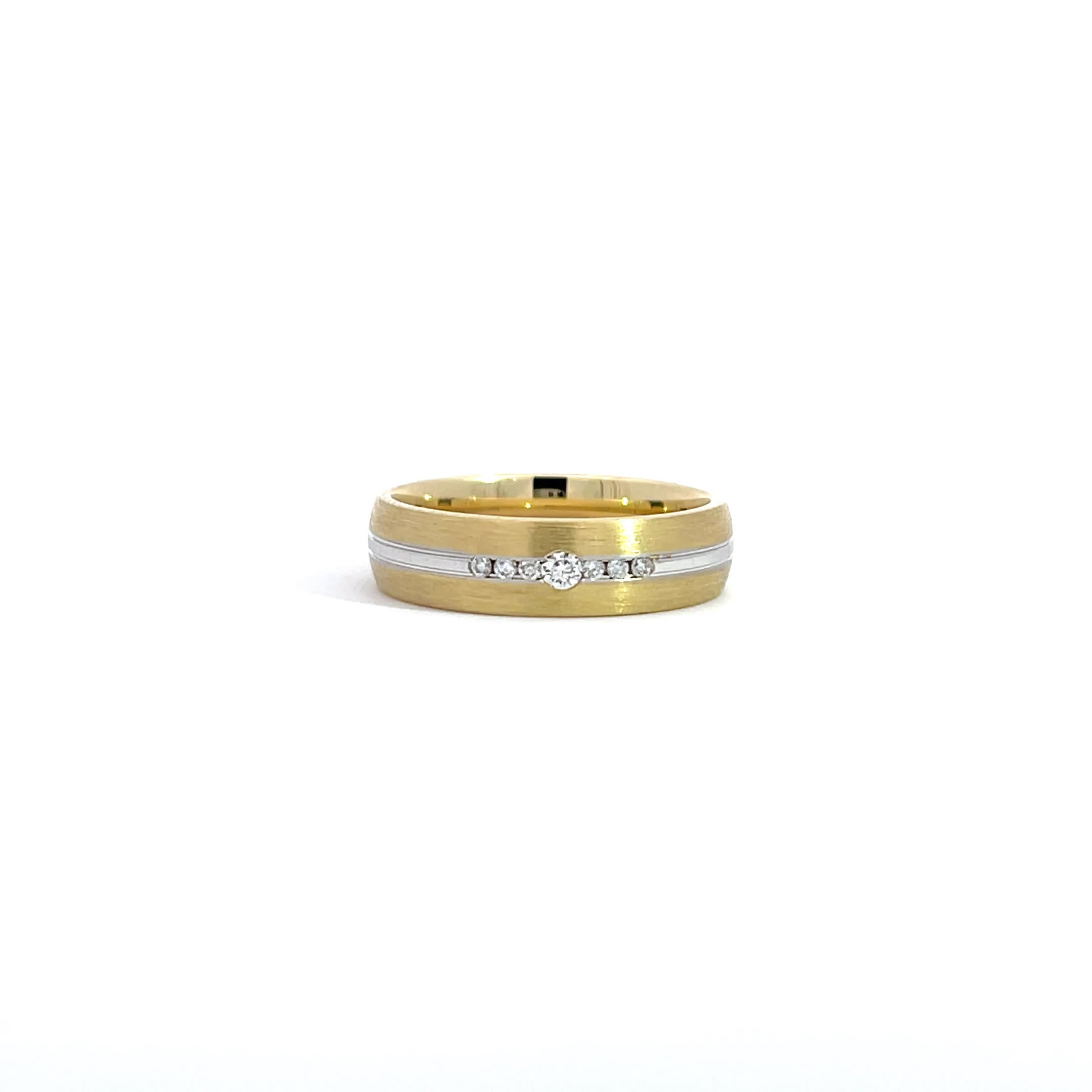 14K Yellow Gold Wedding Band with White Gold Central Band and 7 Diamonds