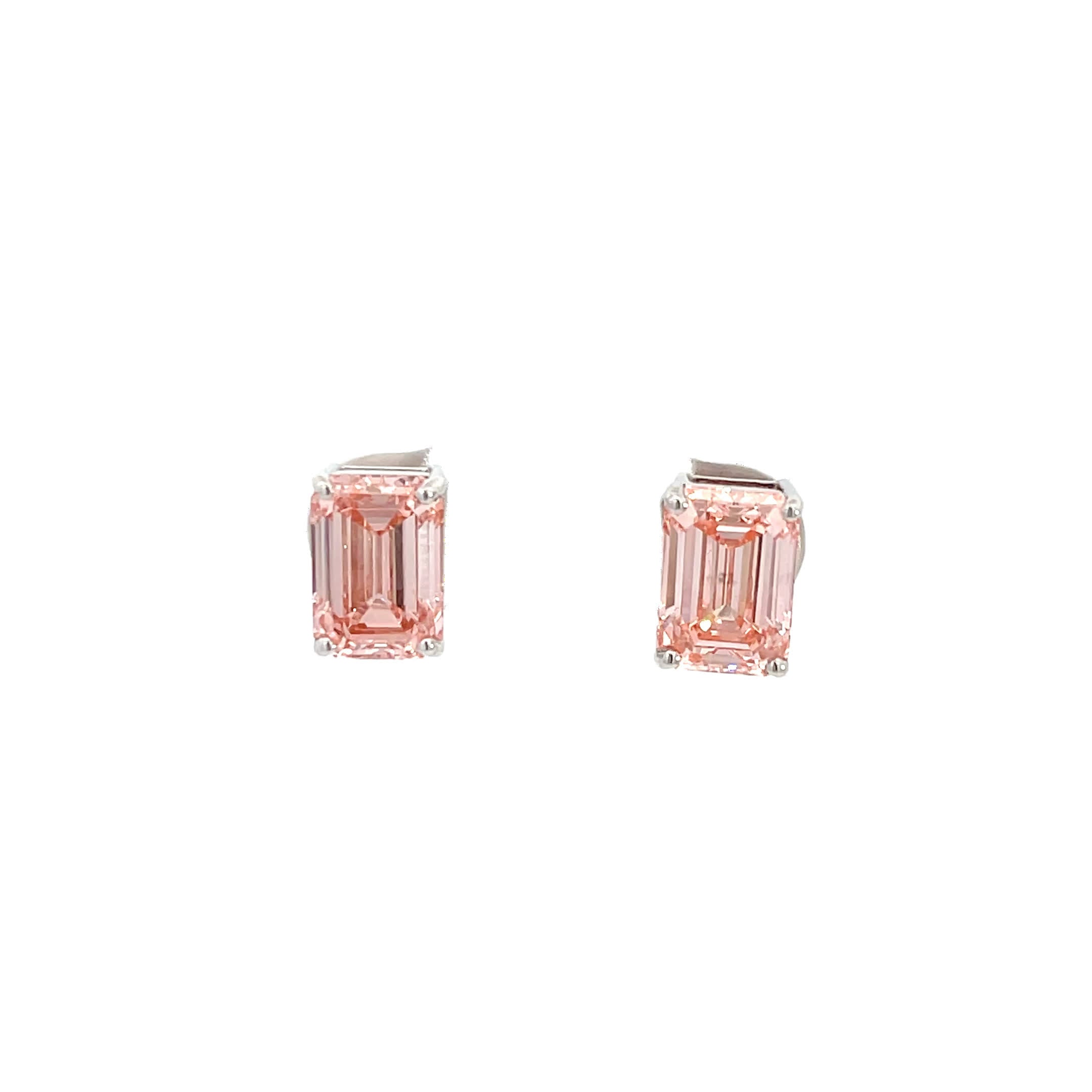 18K White Gold Fancy Pink, Emerald Cut, Lab Grown Diamond, Stud Earrings White Halo