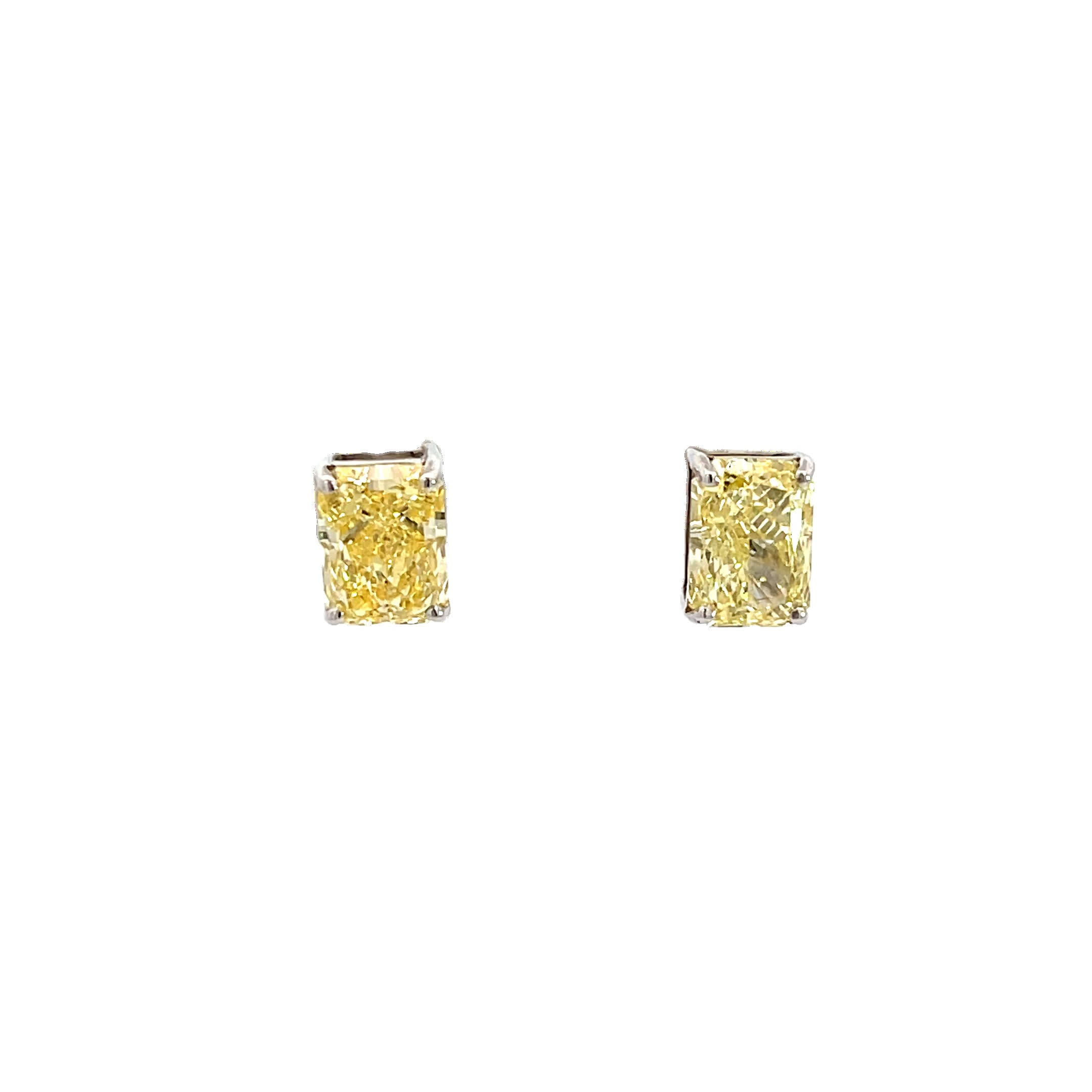 18K White Gold Fancy Yellow, Cornered Rectangular Cut, Lab Grown Diamond, Stud Earrings White Halo