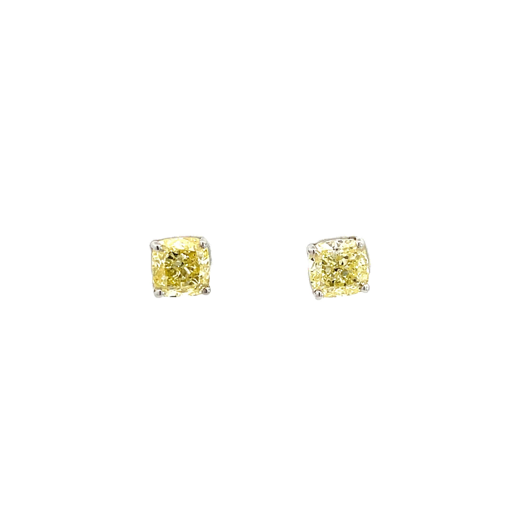 18K White Gold Fancy Yellow, Square Cut, Lab Grown Diamond, Stud Earrings White Halo
