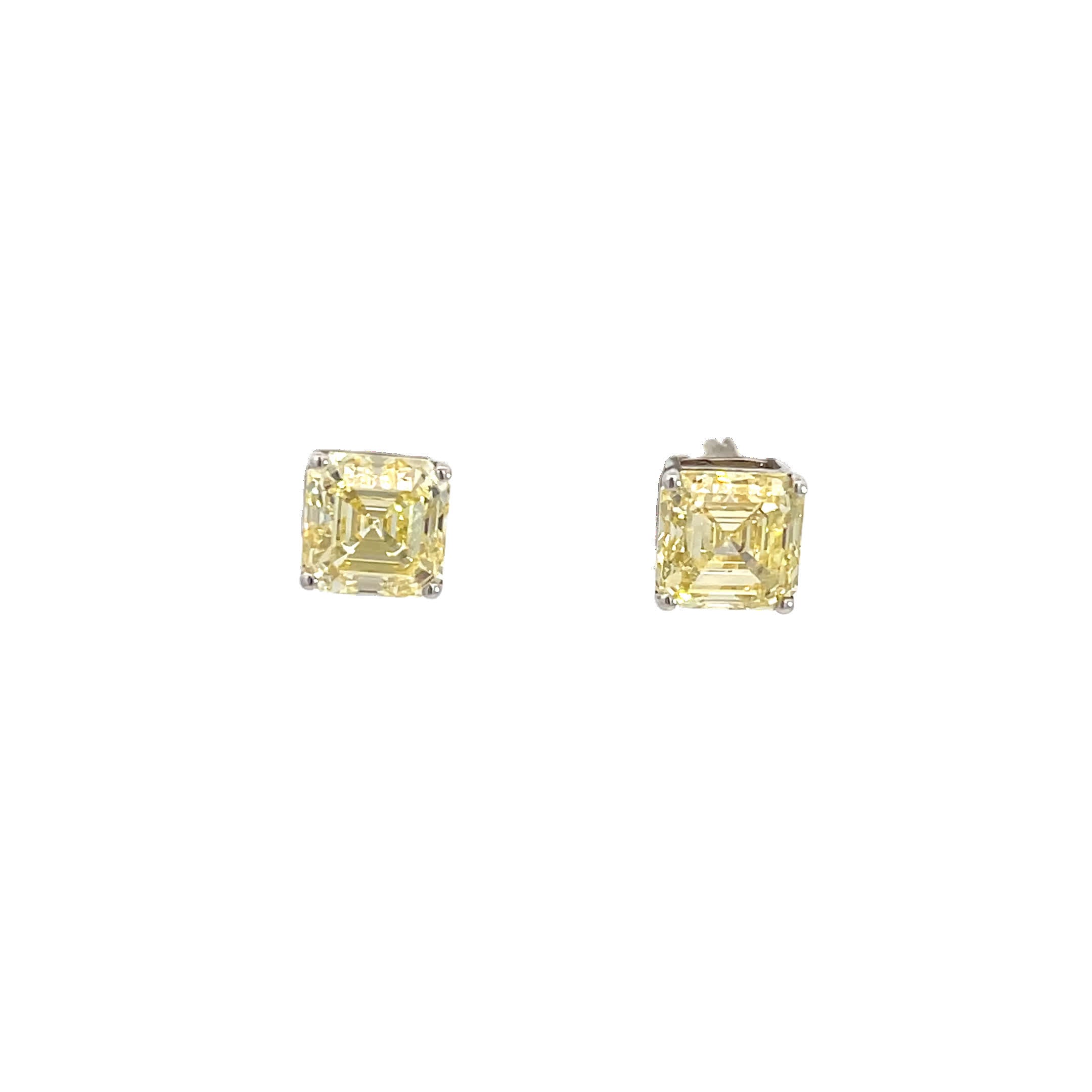 18K White Gold Fancy Yellow, Square Emerald Cut, Lab Grown Diamond, Stud Earrings White Halo