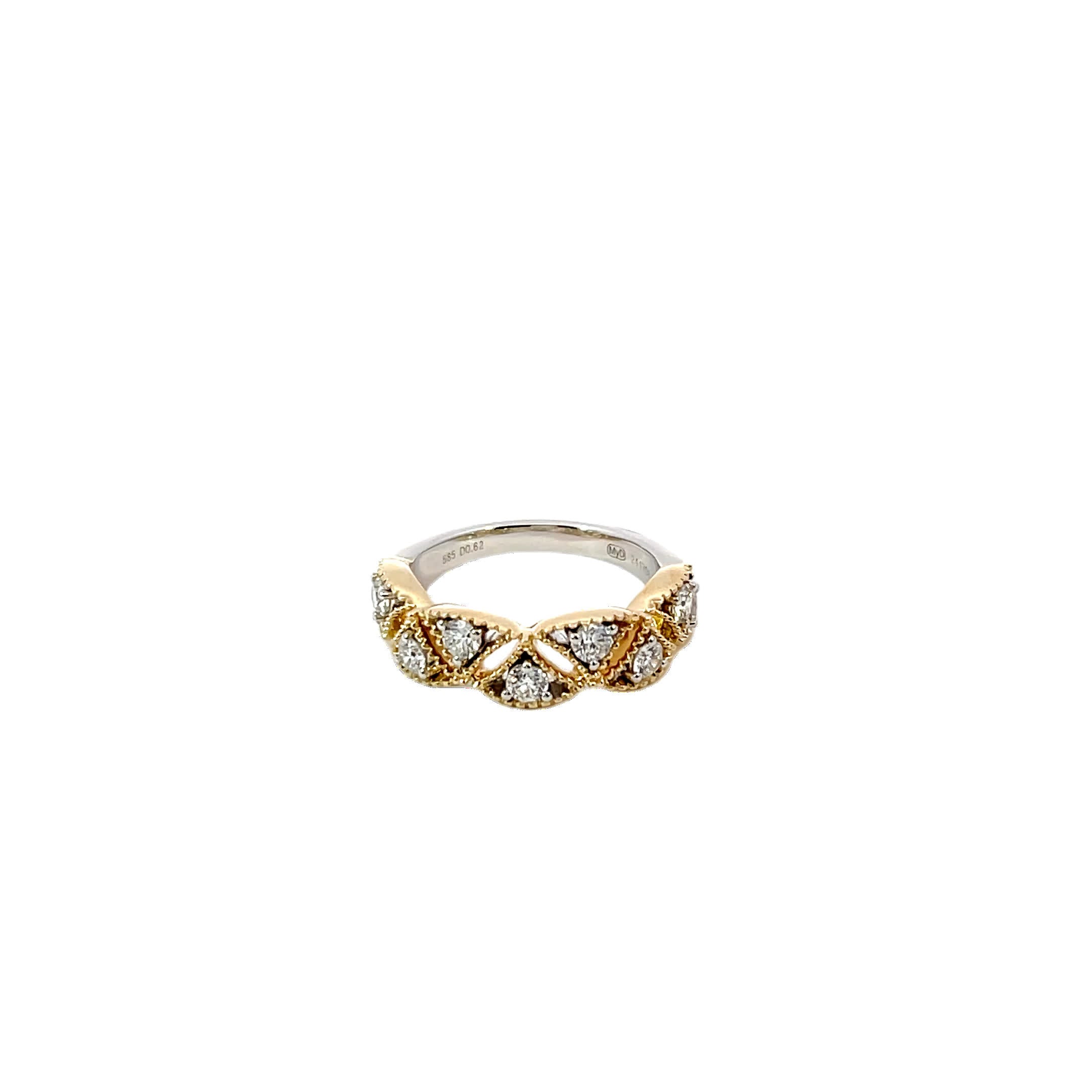 14K Yellow White Gold Ring with 9 Diamonds and Scalloped Detailing