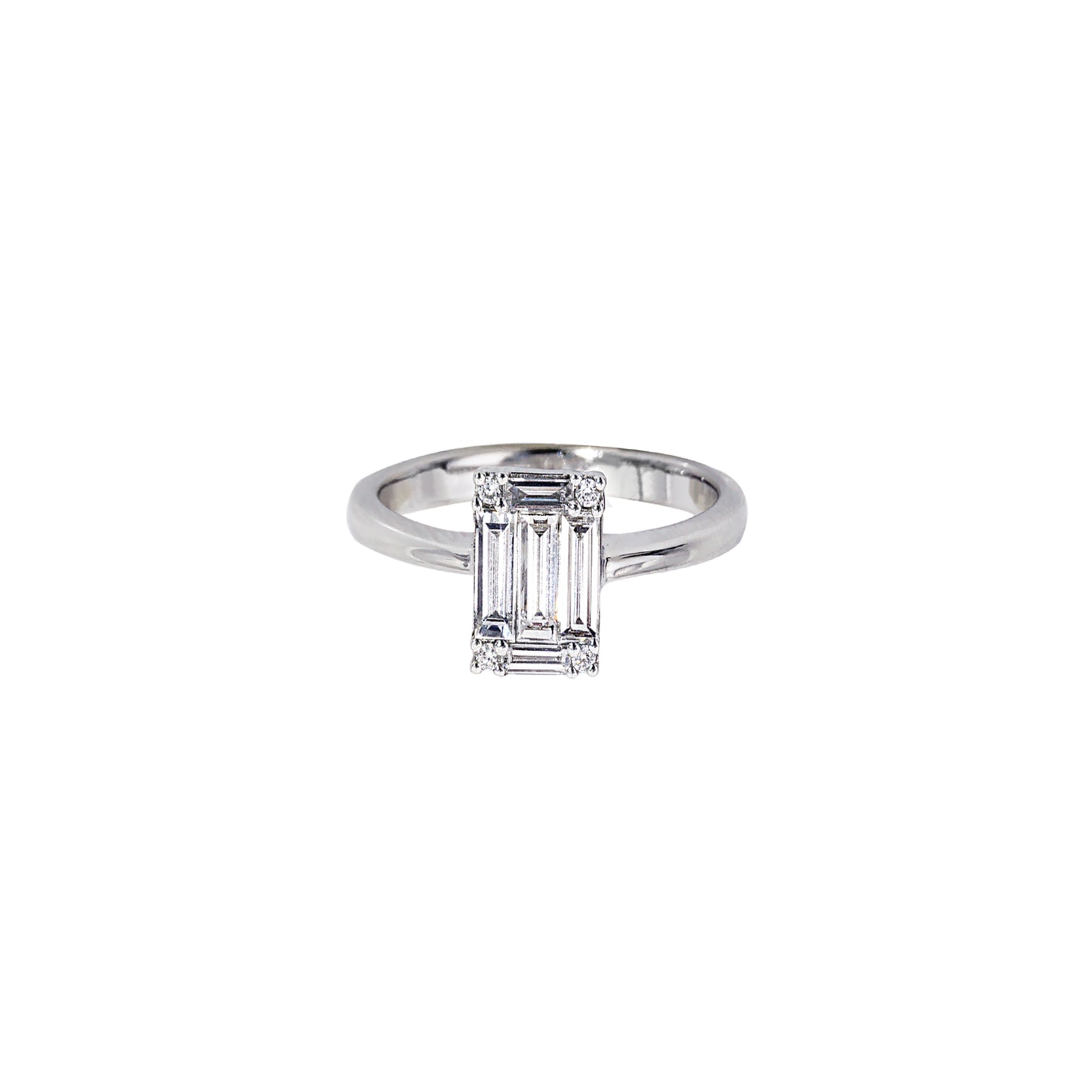 14K White Gold Emerald Cut Illusion Ring with Baguette Cut and Round Brilliant Diamonds