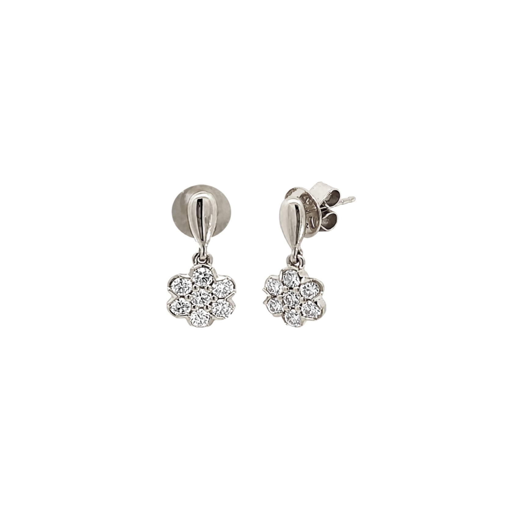 14K White Gold Floral Diamond Cluster Drop Earrings