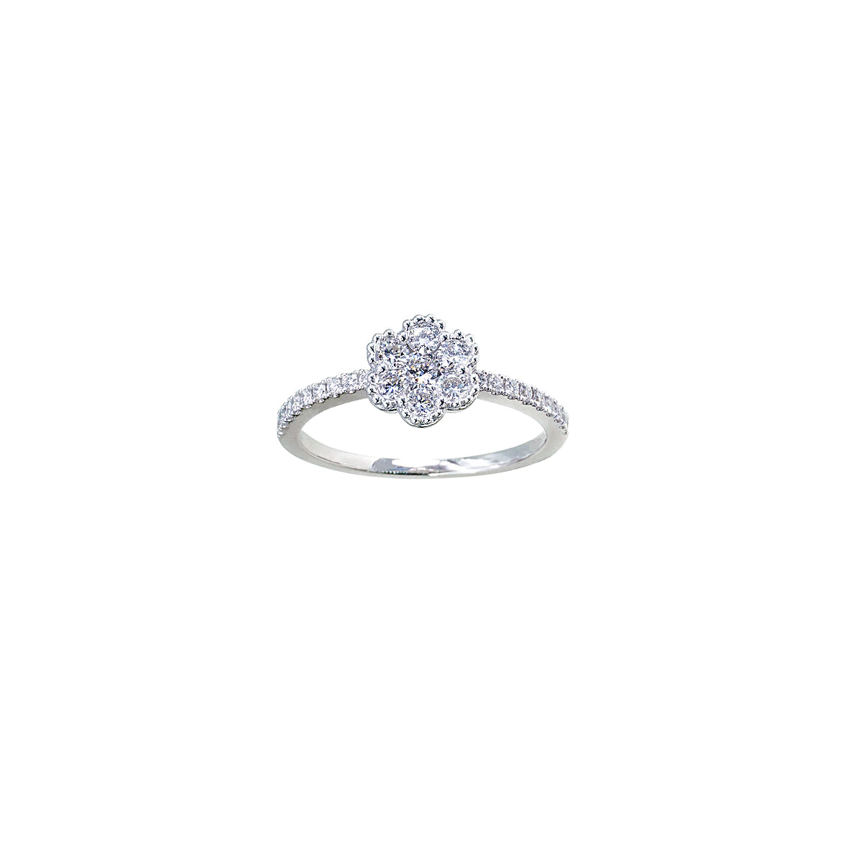 18K White Gold Flower Shaped Diamond Cluster Ring with Pavé Side Stones