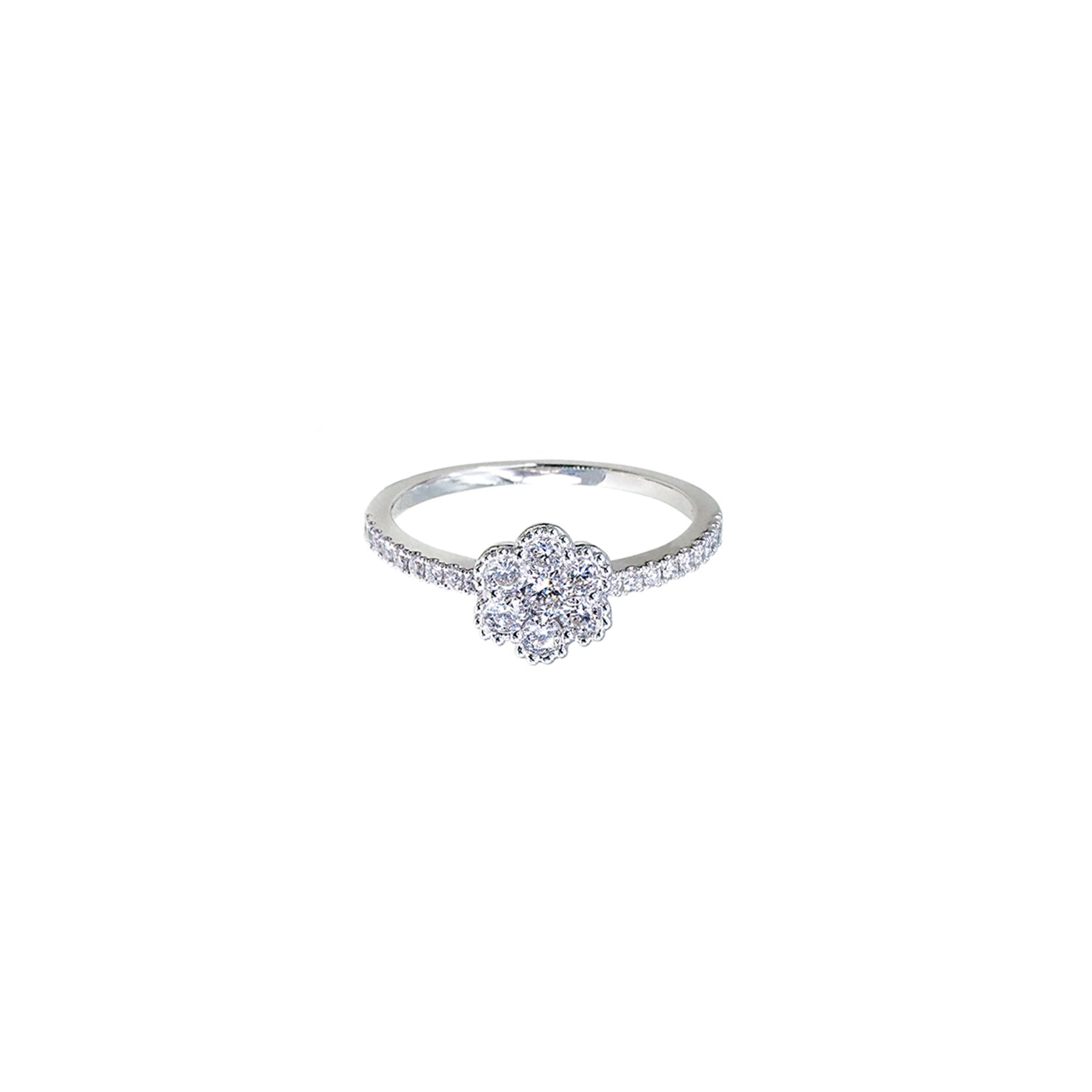 18K White Gold Flower Shaped Diamond Cluster Ring with Pavé Side Stones