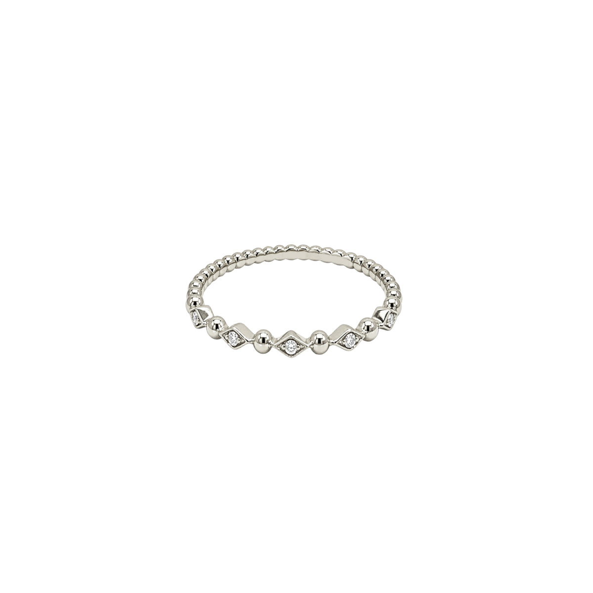 14K White Gold Beaded Ring with 5 Diamonds