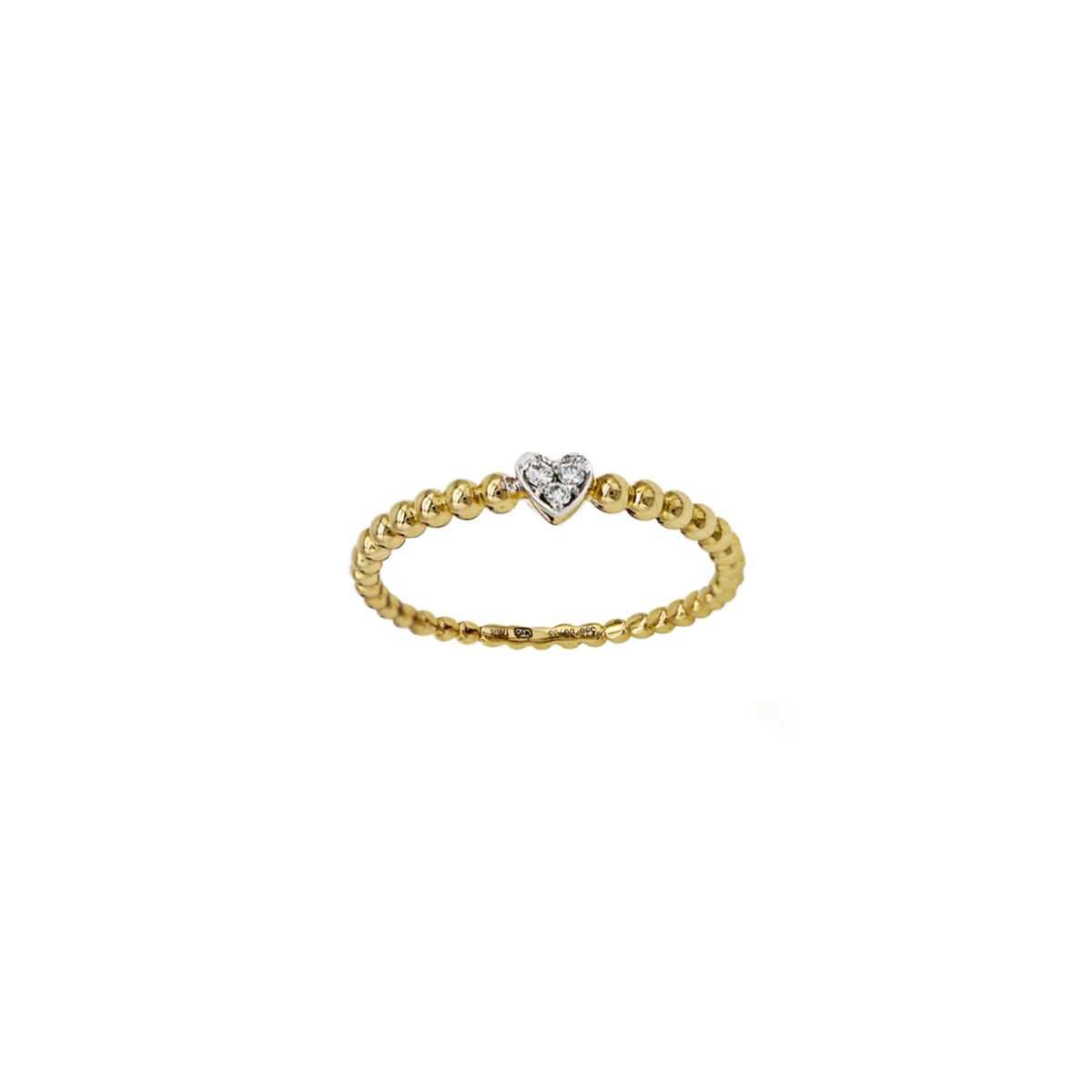 14K Yellow Gold Petite Heart Ring with Beaded Shank and 3 Diamonds