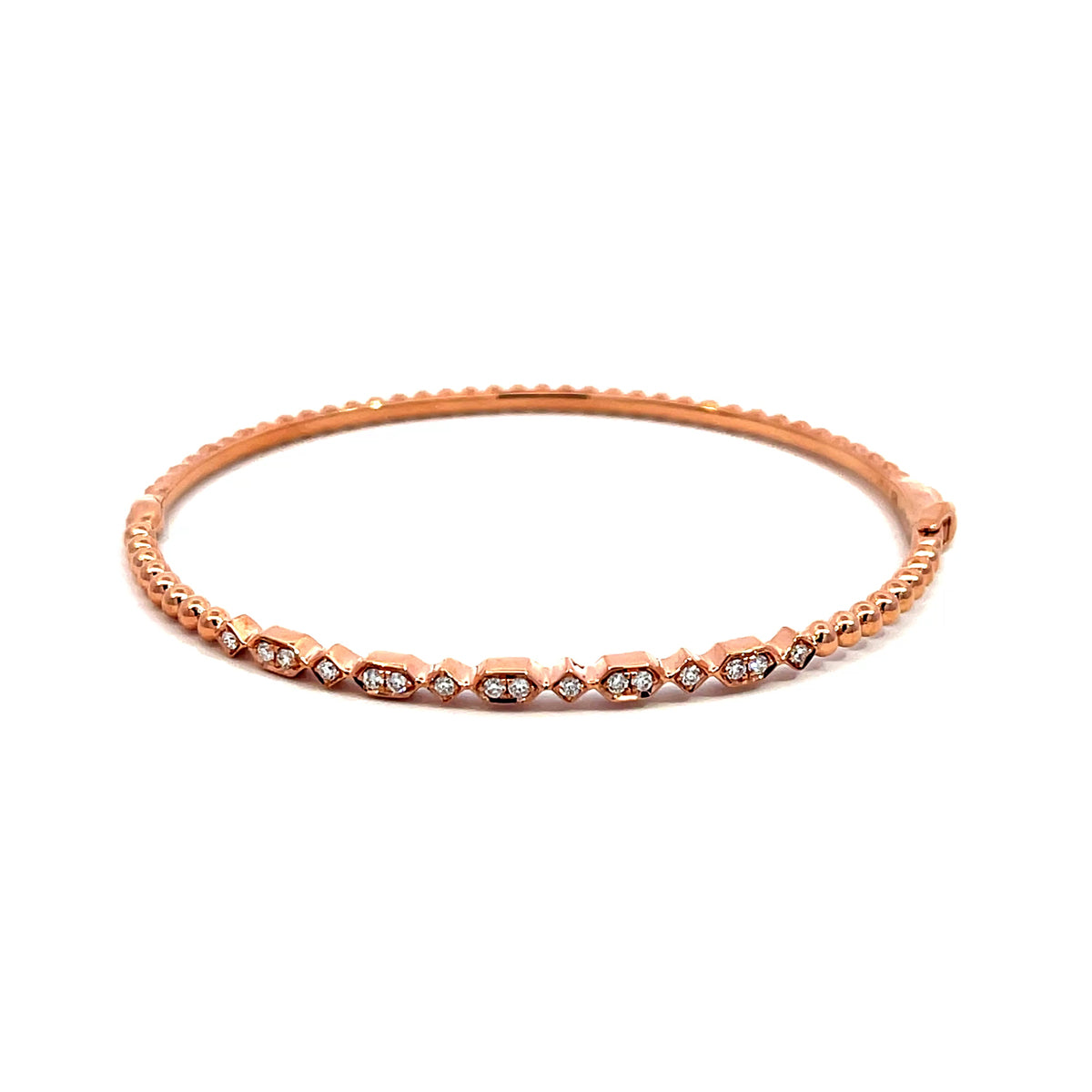 14K Rose Gold Beaded Bangle with Geometric Motifs and 16 Diamonds