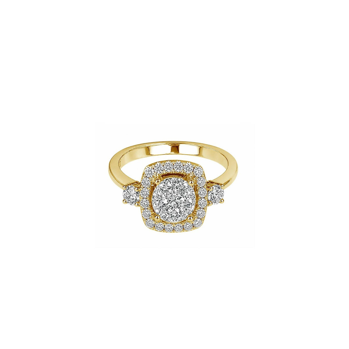 14K Yellow Gold Square Halo Illusion Ring with 33 Diamonds