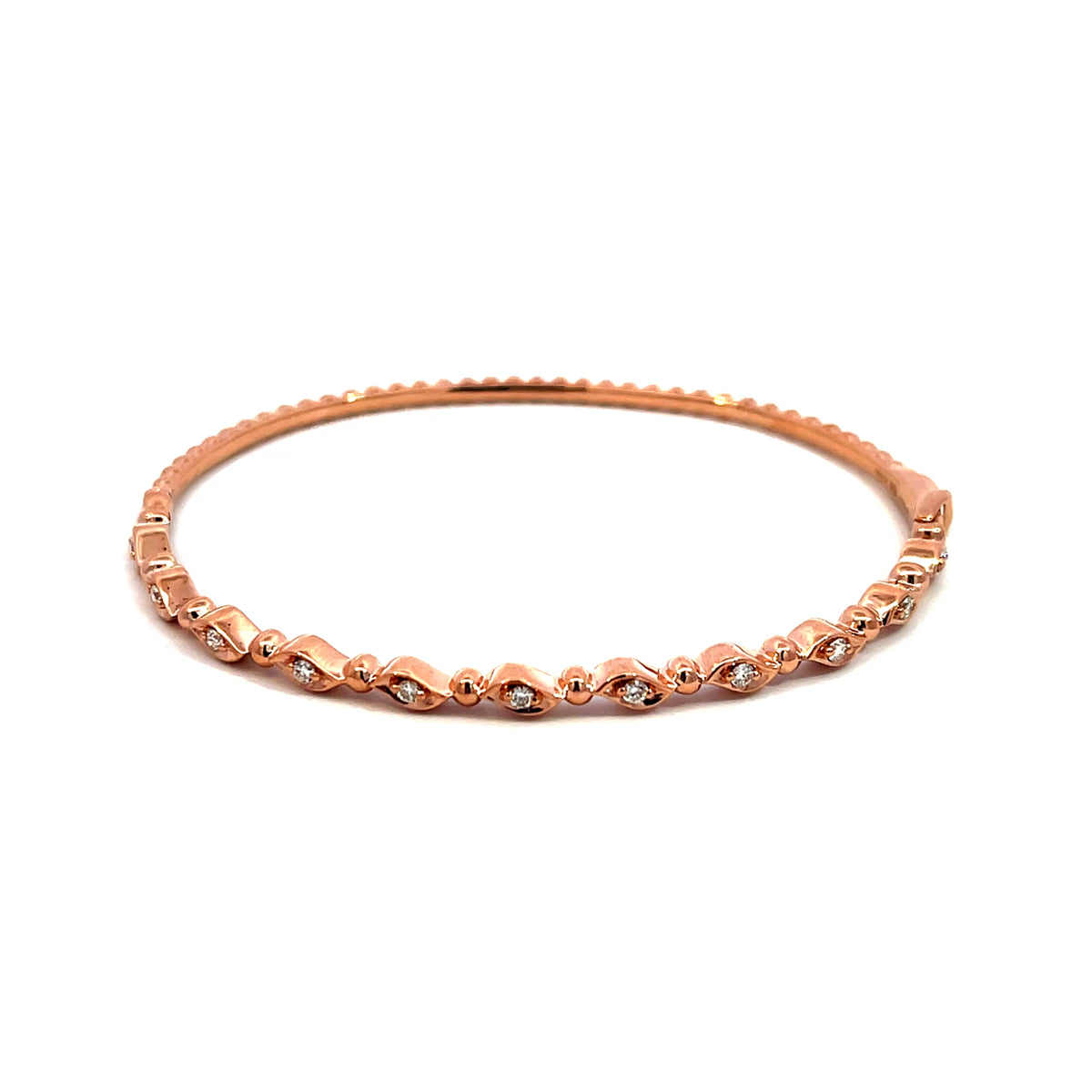 14K Rose Gold Marquise Beaded Bangle with 11 Diamonds
