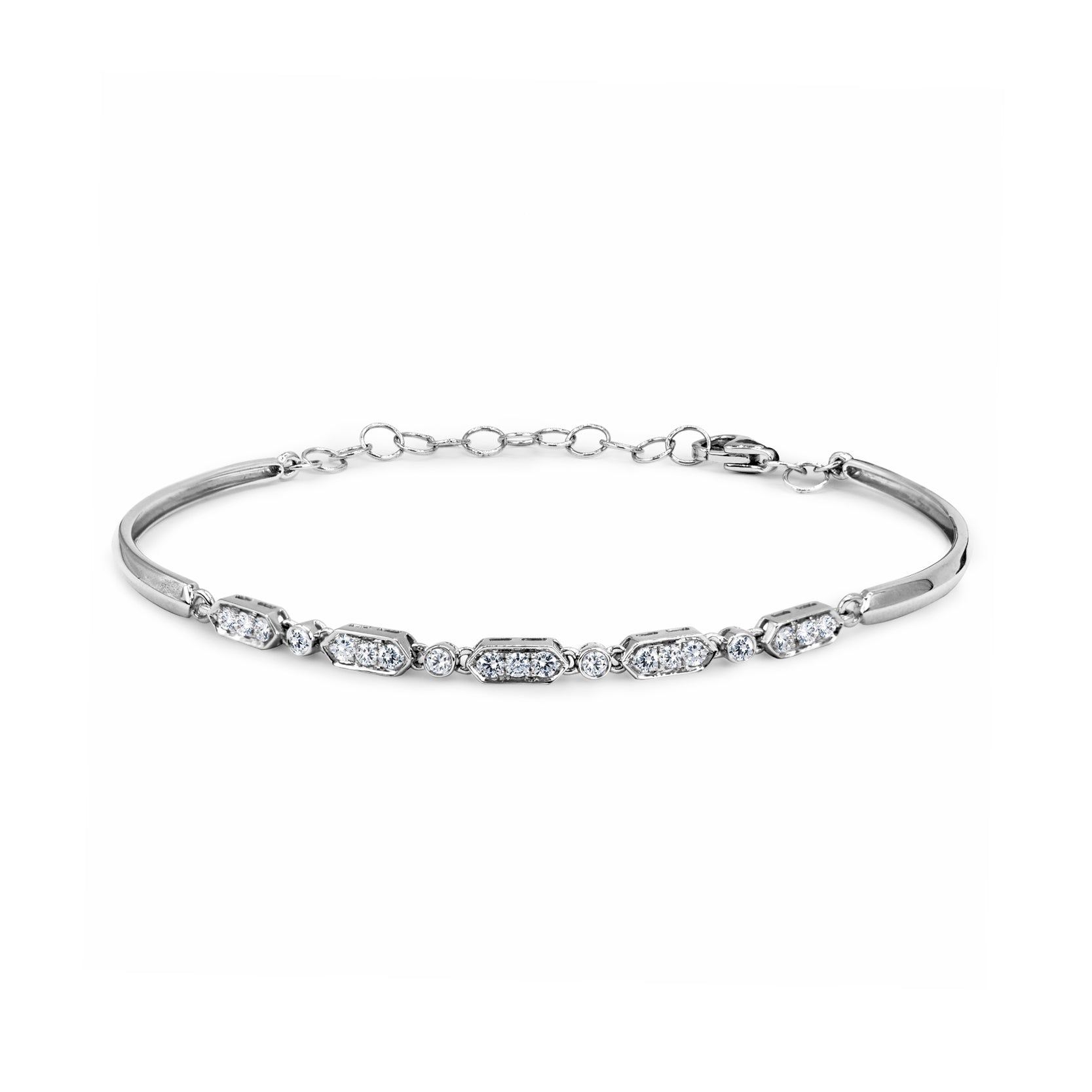 14K White Gold Geometric Bar and Chain Bracelet with 19 Diamonds
