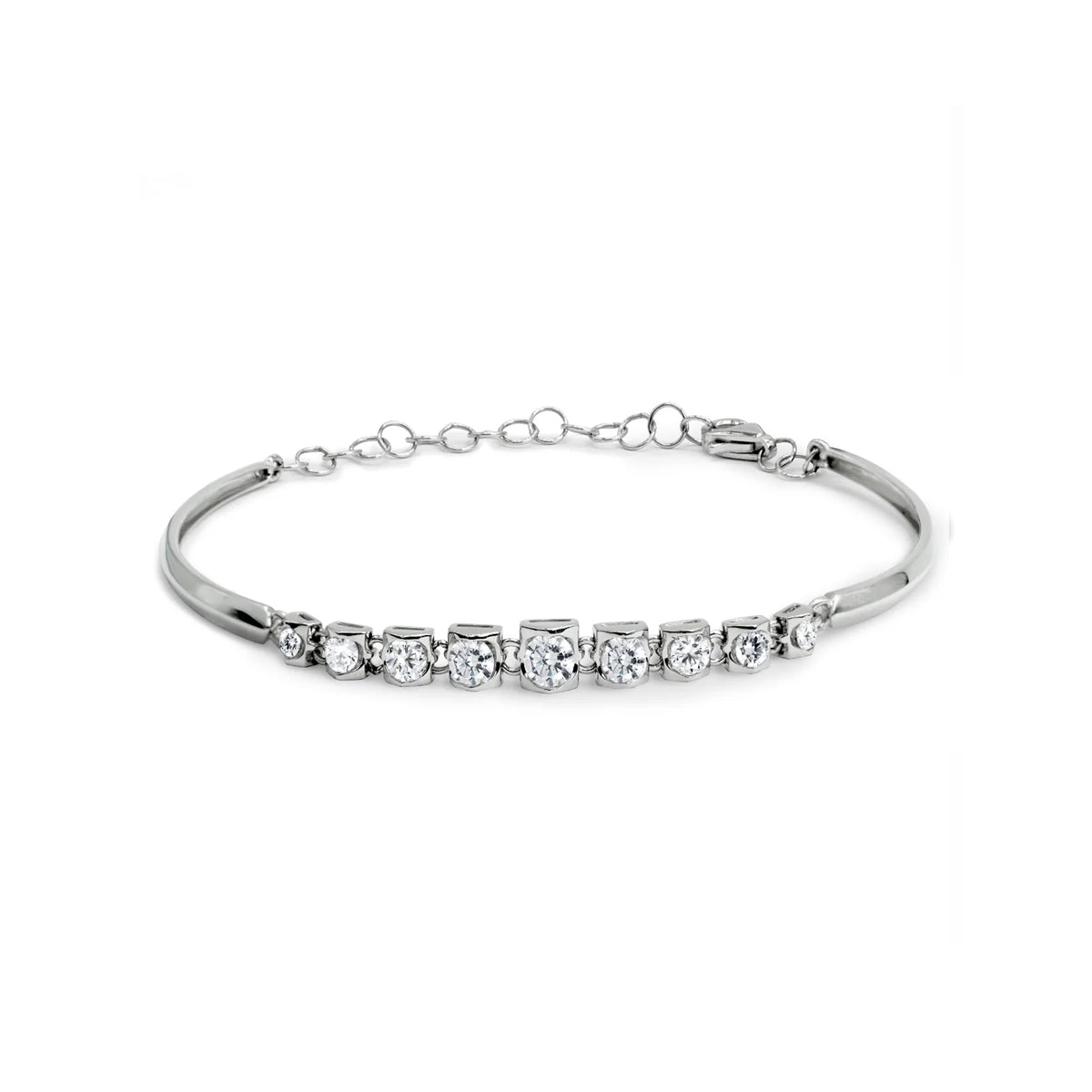 14K White Gold Chain And Bar Bracelet with 9 Square Illusion Set Diamonds