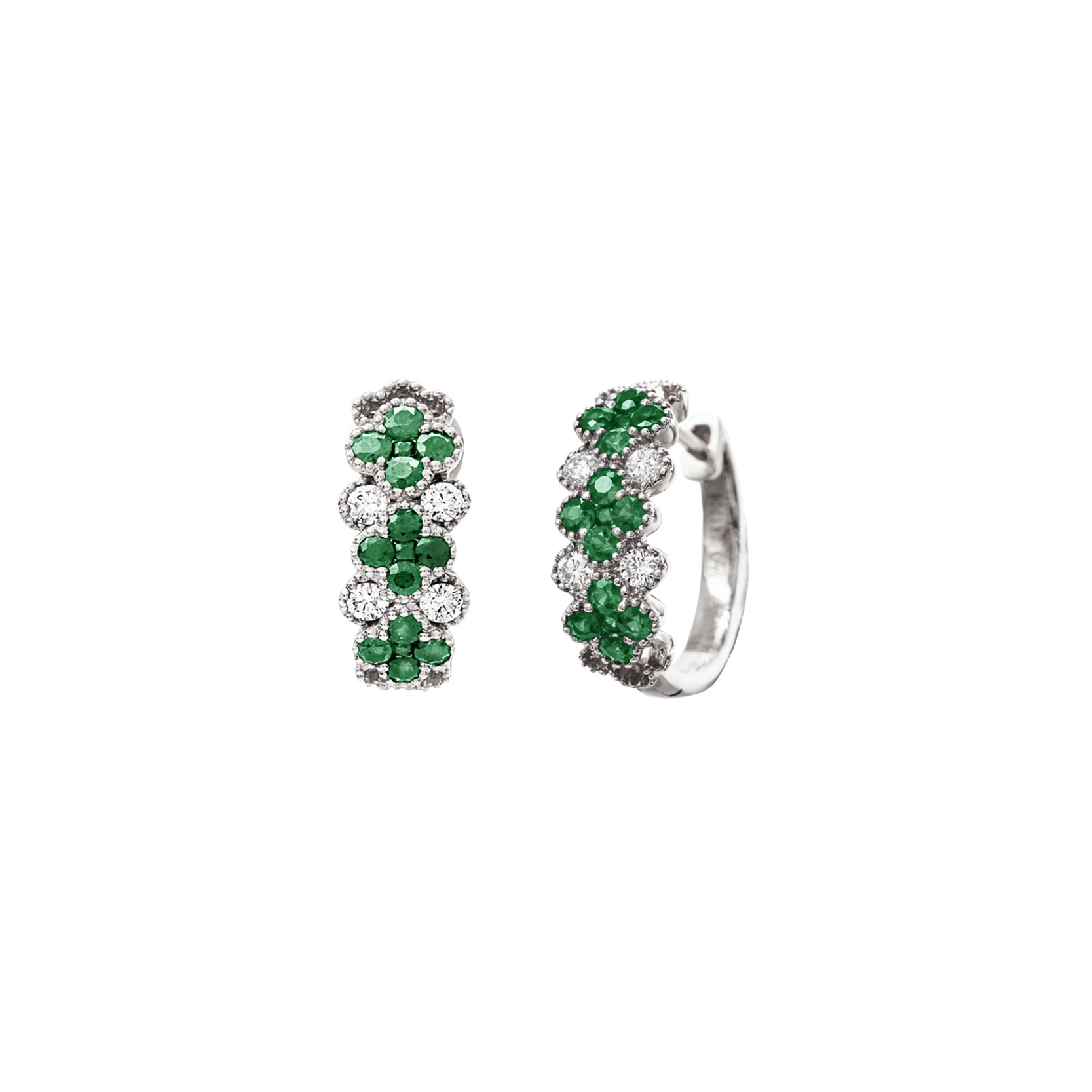 14K White Gold Huggie Hoop Earrings with 30 Emeralds and 8 Diamonds
