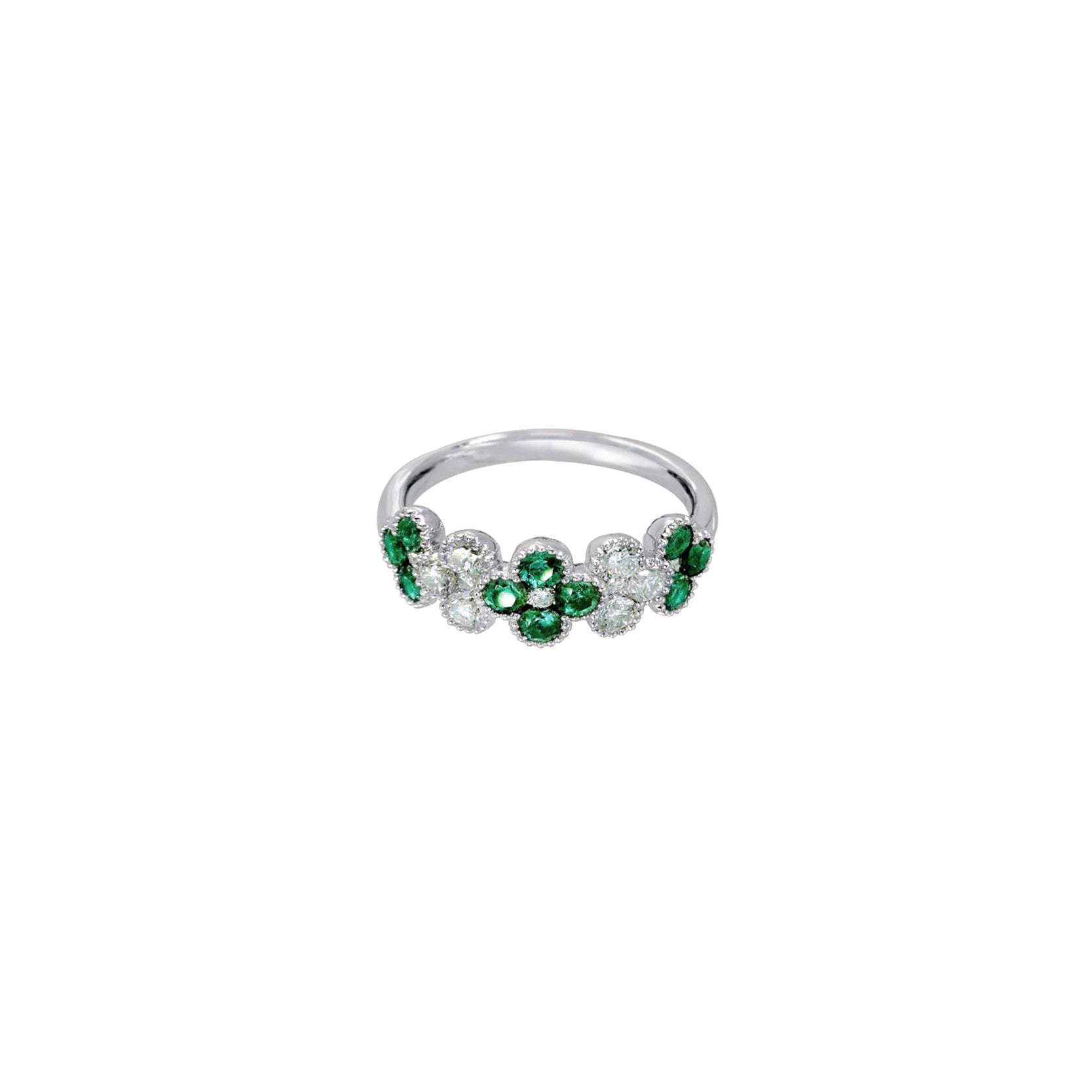 14K White Gold Diamond and Emerald Half Eternity Clover Ring