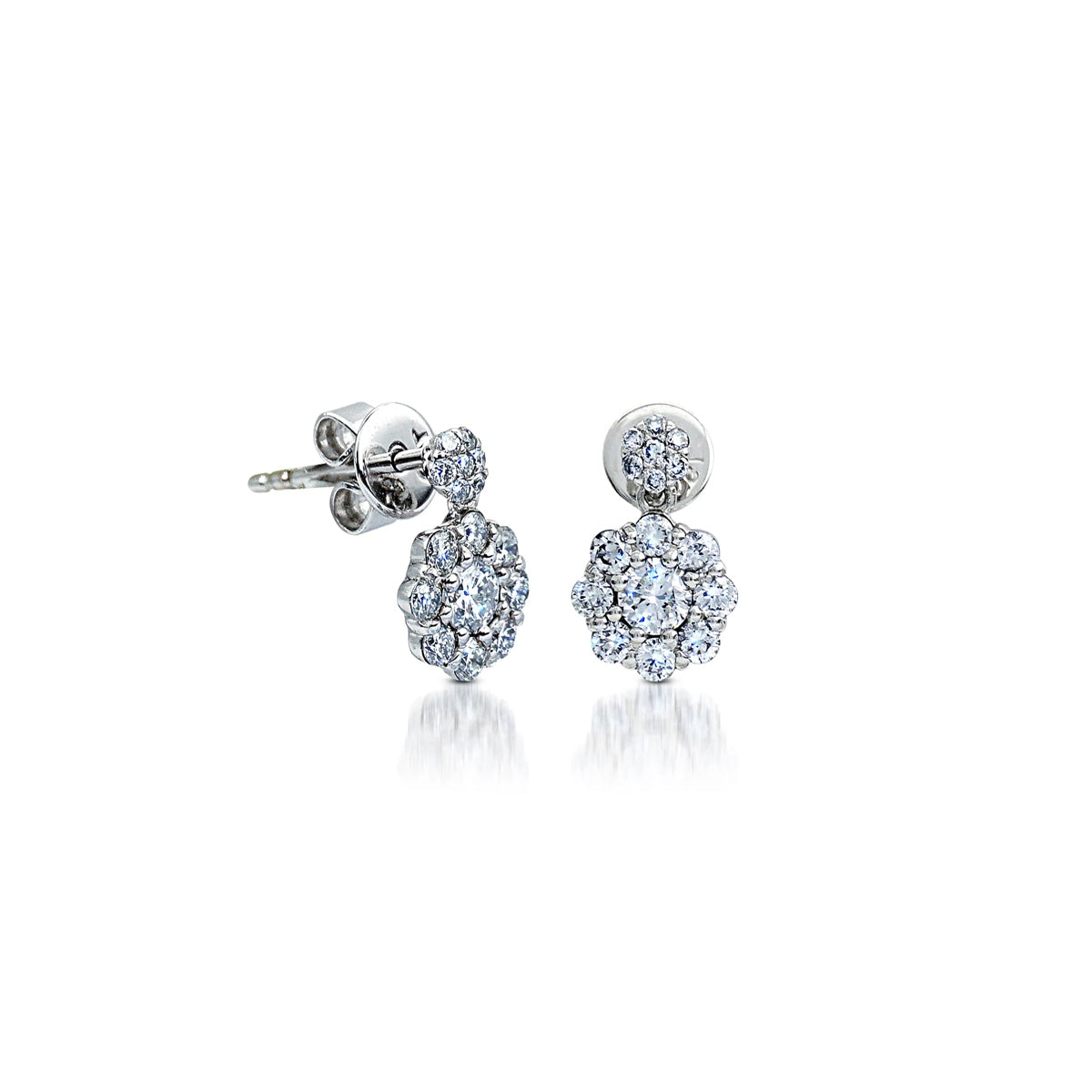 14K White Gold Floral Diamond Drop Earrings