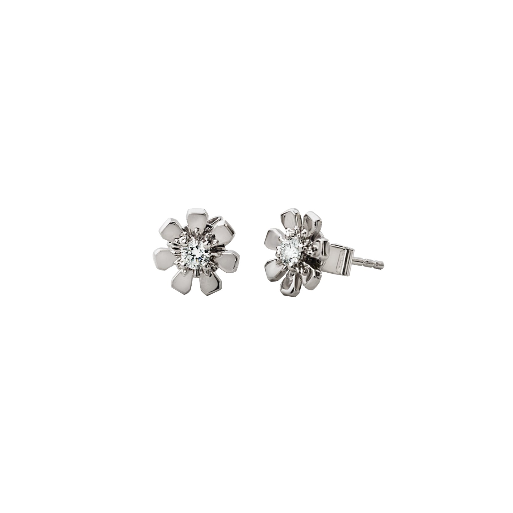 14K White Gold Flower Petal Studs with Diamond Center