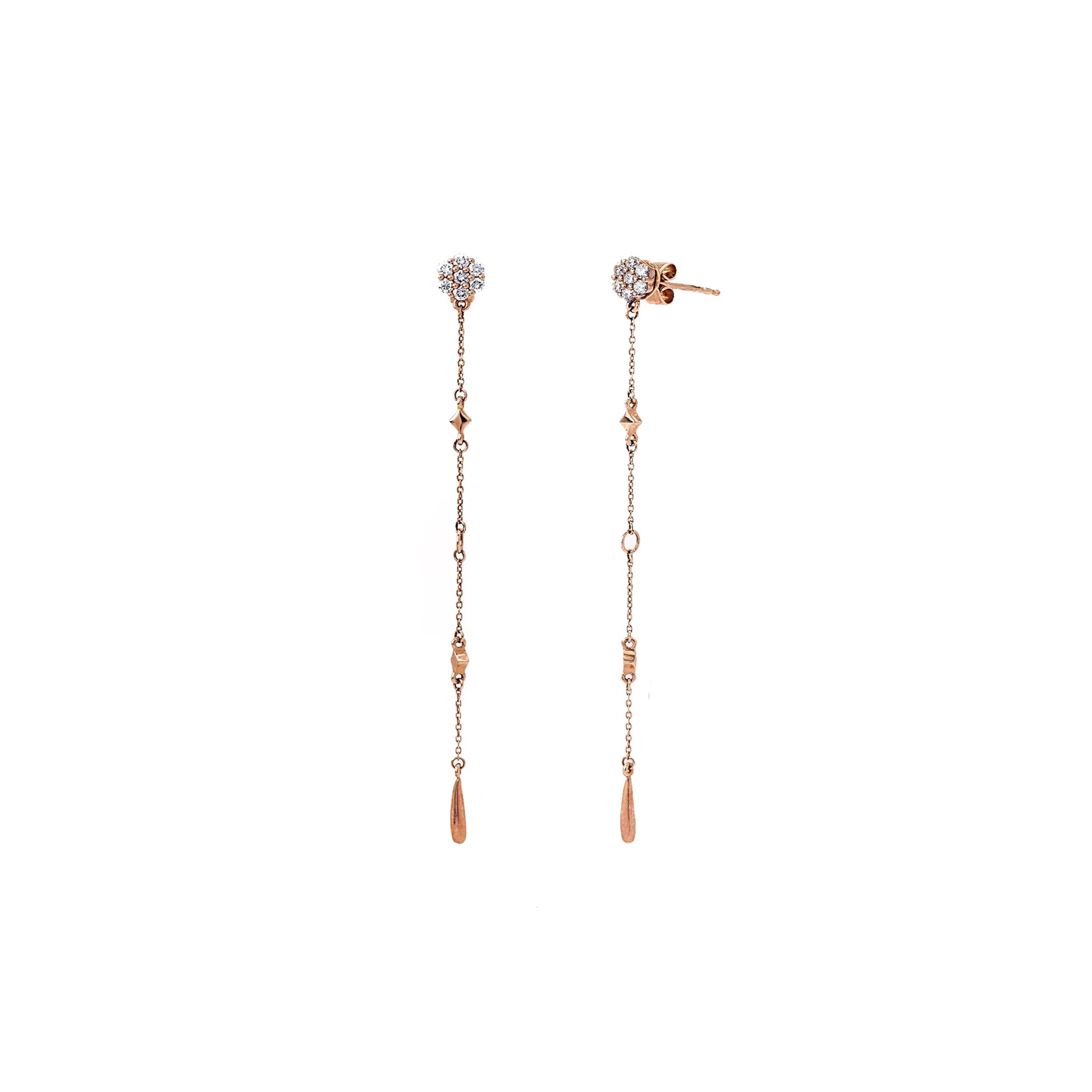 14K Rose Gold Diamond Rosette Earrings with Chain Cascade