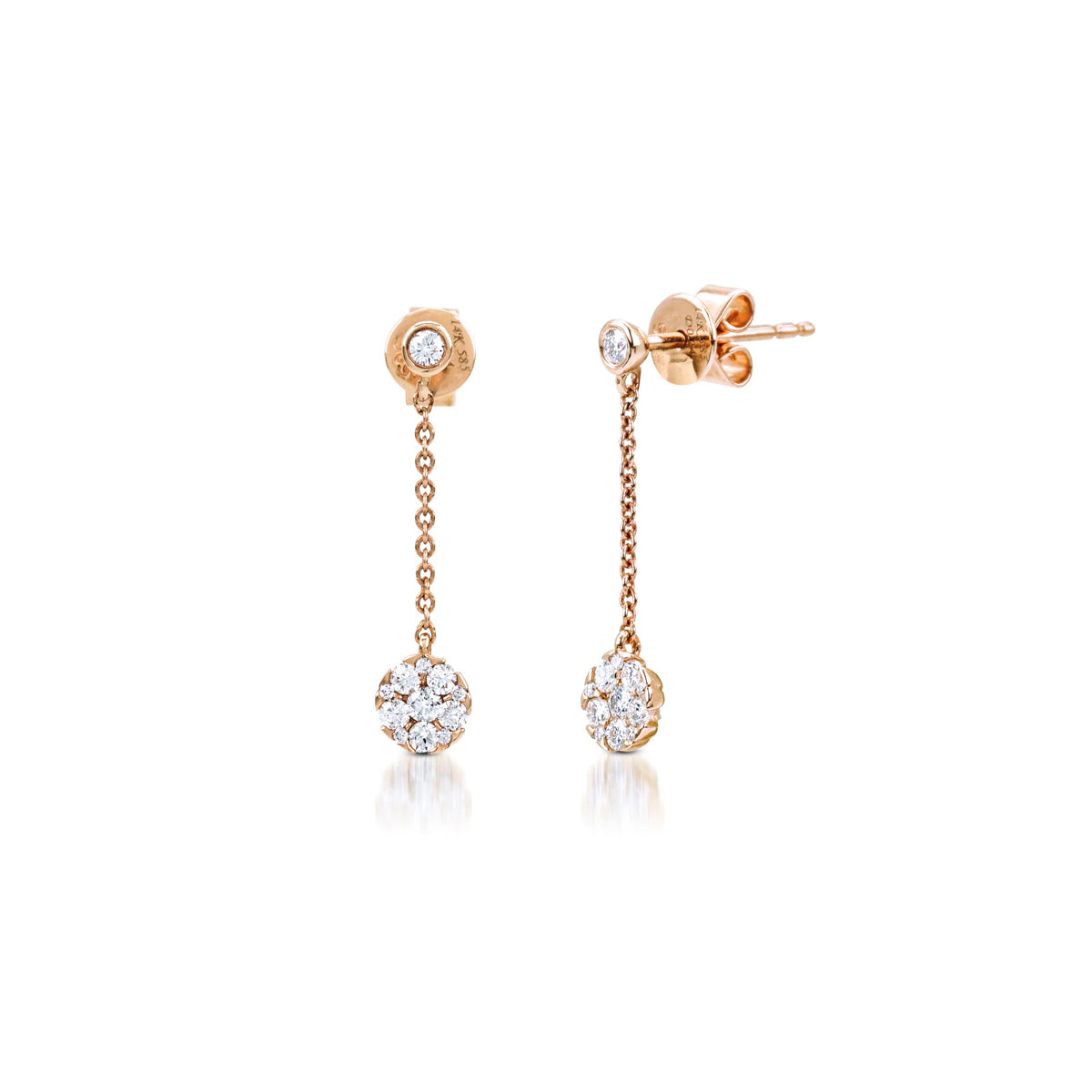 14K Rose Gold Dangling Chain Earrings with Diamond Drop Clusters