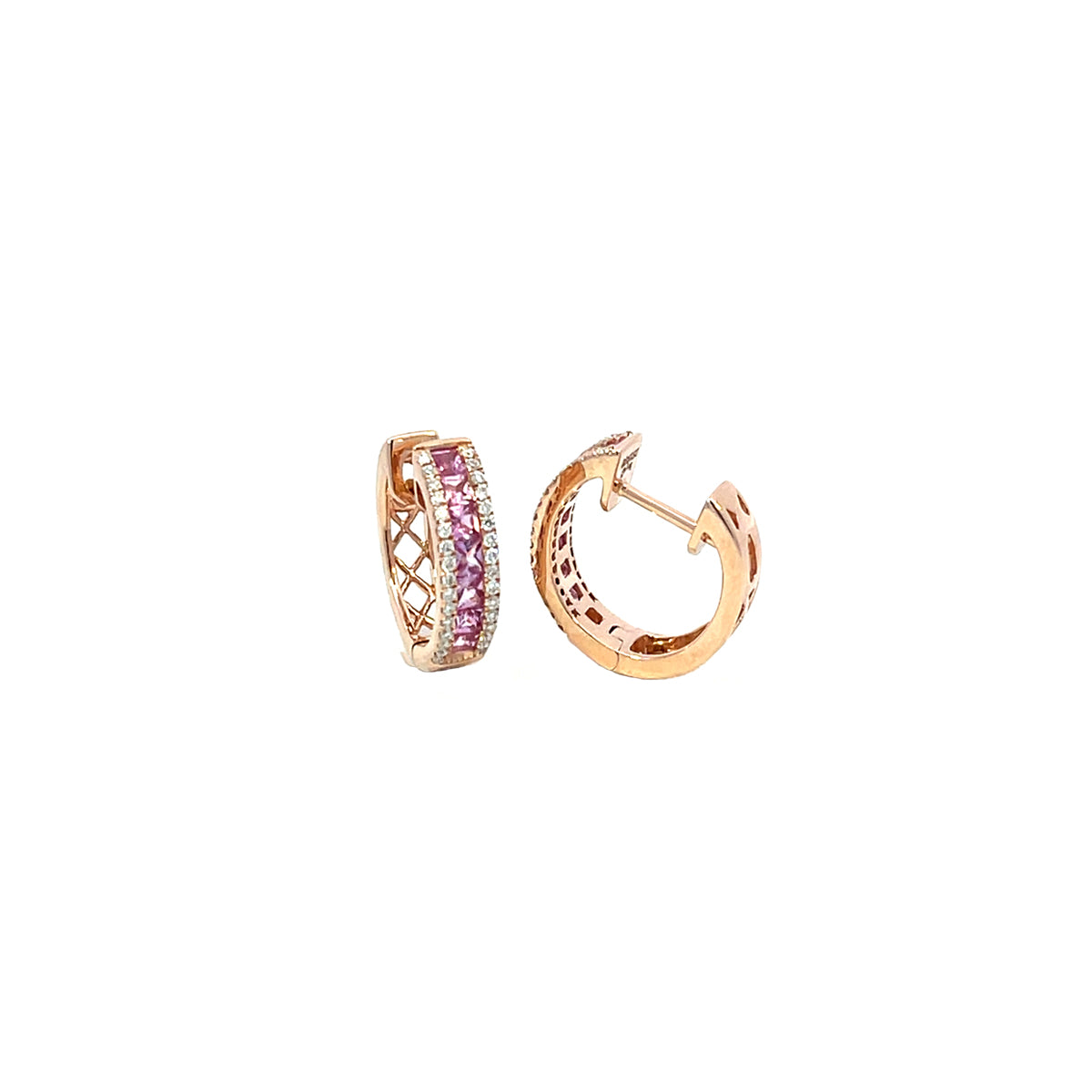14K Rose Gold Thin-Set Pink Sapphire and Diamond Hinged Hoop Earrings