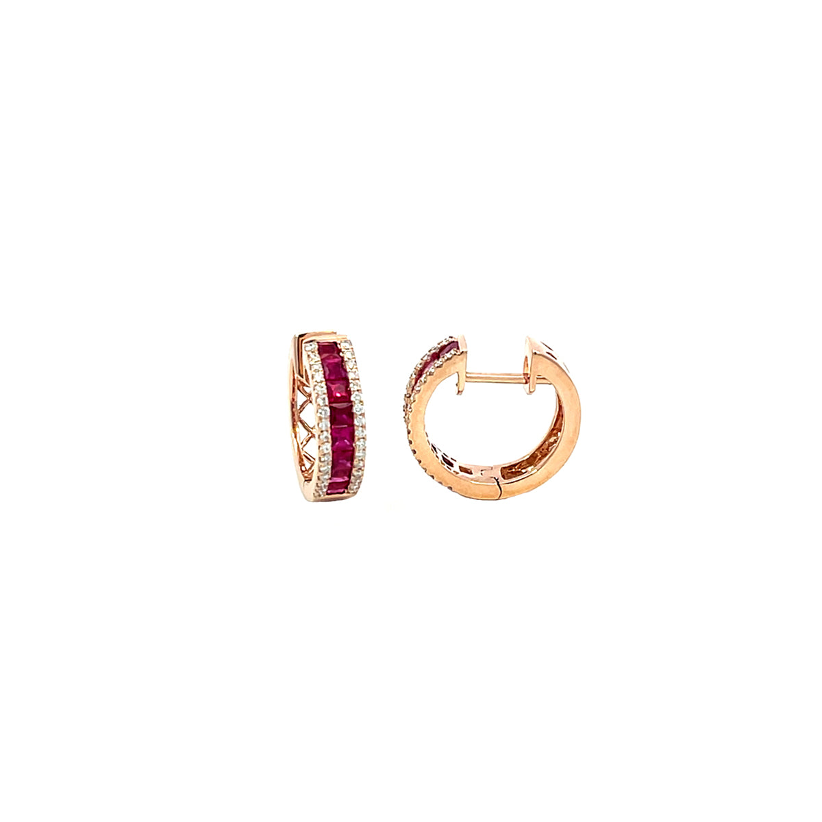 14K Rose Gold Thin-Set Ruby and Diamond Hinged Hoop Earrings