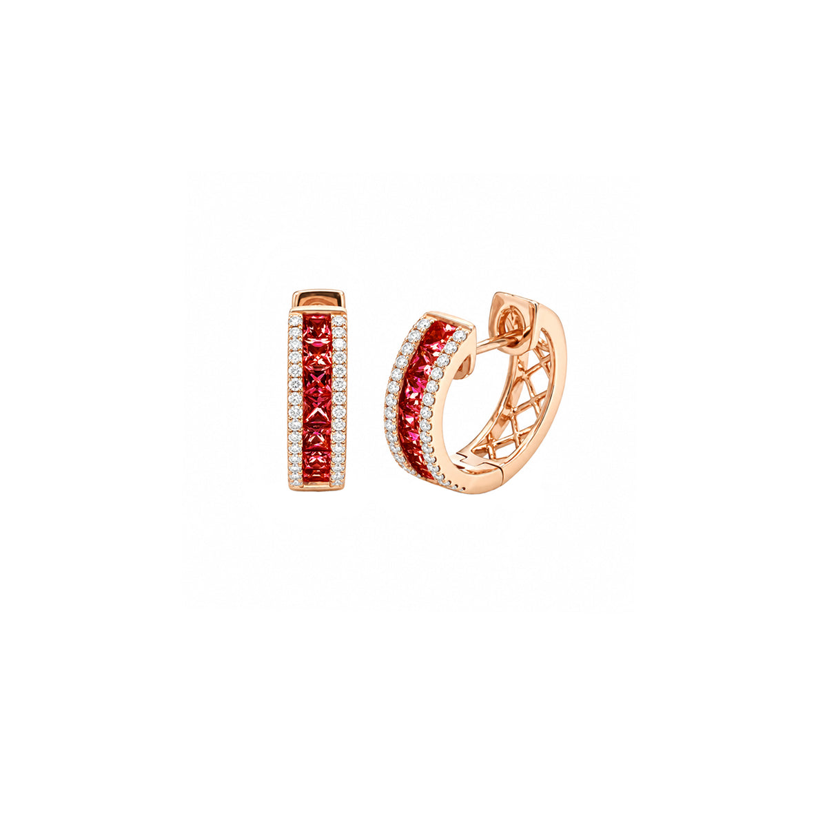 14K Rose Gold Thin-Set Ruby and Diamond Hinged Hoop Earrings