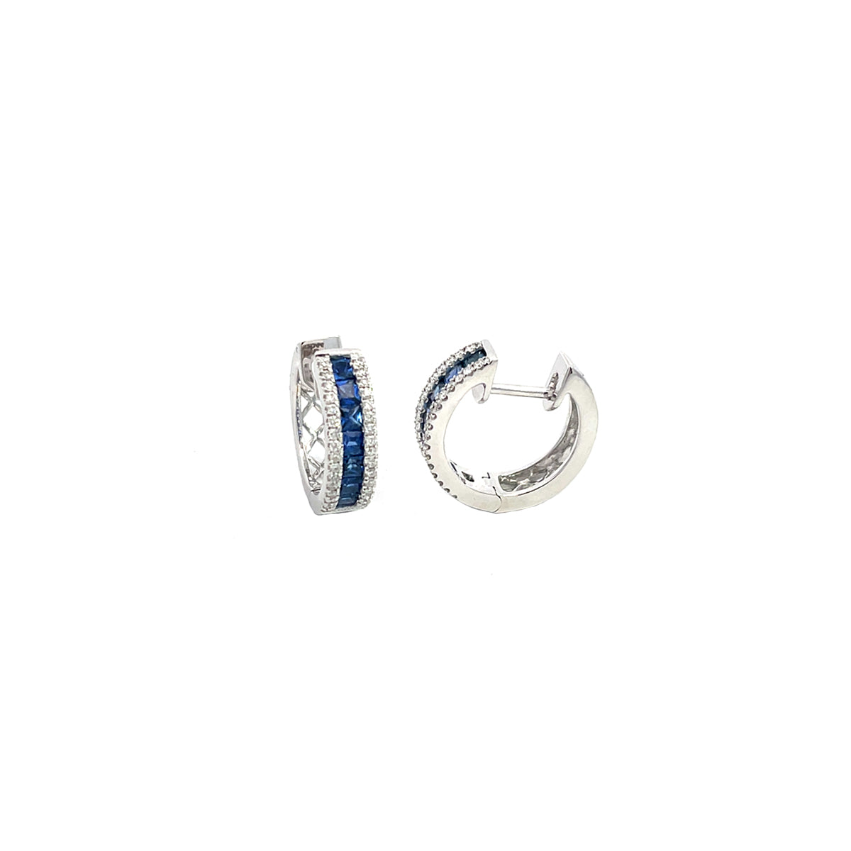 14K White Gold Thin-Set Sapphire and Diamond Hinged Hoop Earrings