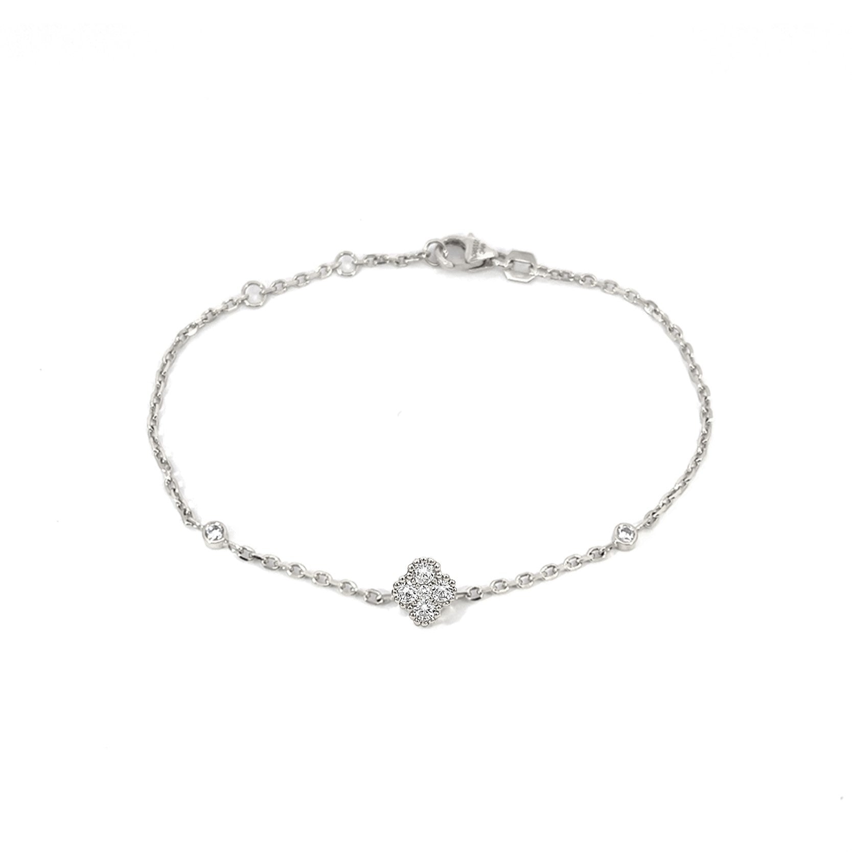 14K White Gold Chain Bracelet with Diamond Clover Cluster and Bezel Set Diamonds