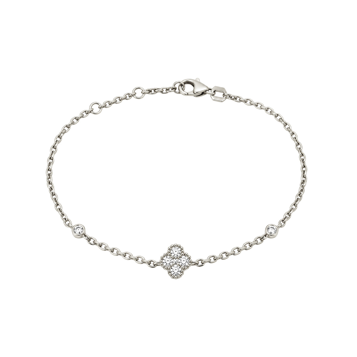 14K White Gold Chain Bracelet with Diamond Clover Cluster and Bezel Set Diamonds