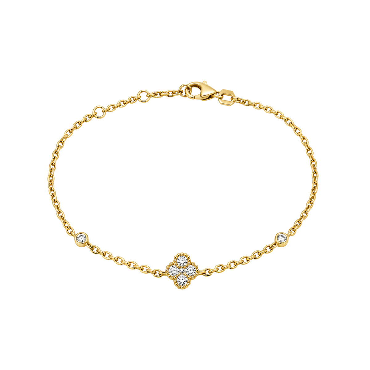 14K Yellow Gold Chain Bracelet with Diamond Clover Cluster and Bezel Set Diamonds