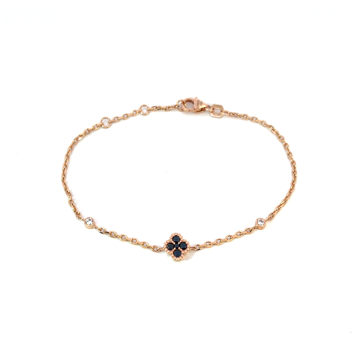 14K Rose Gold Chain Bracelet with Black Diamond Clover Cluster and Bezel Set Diamonds