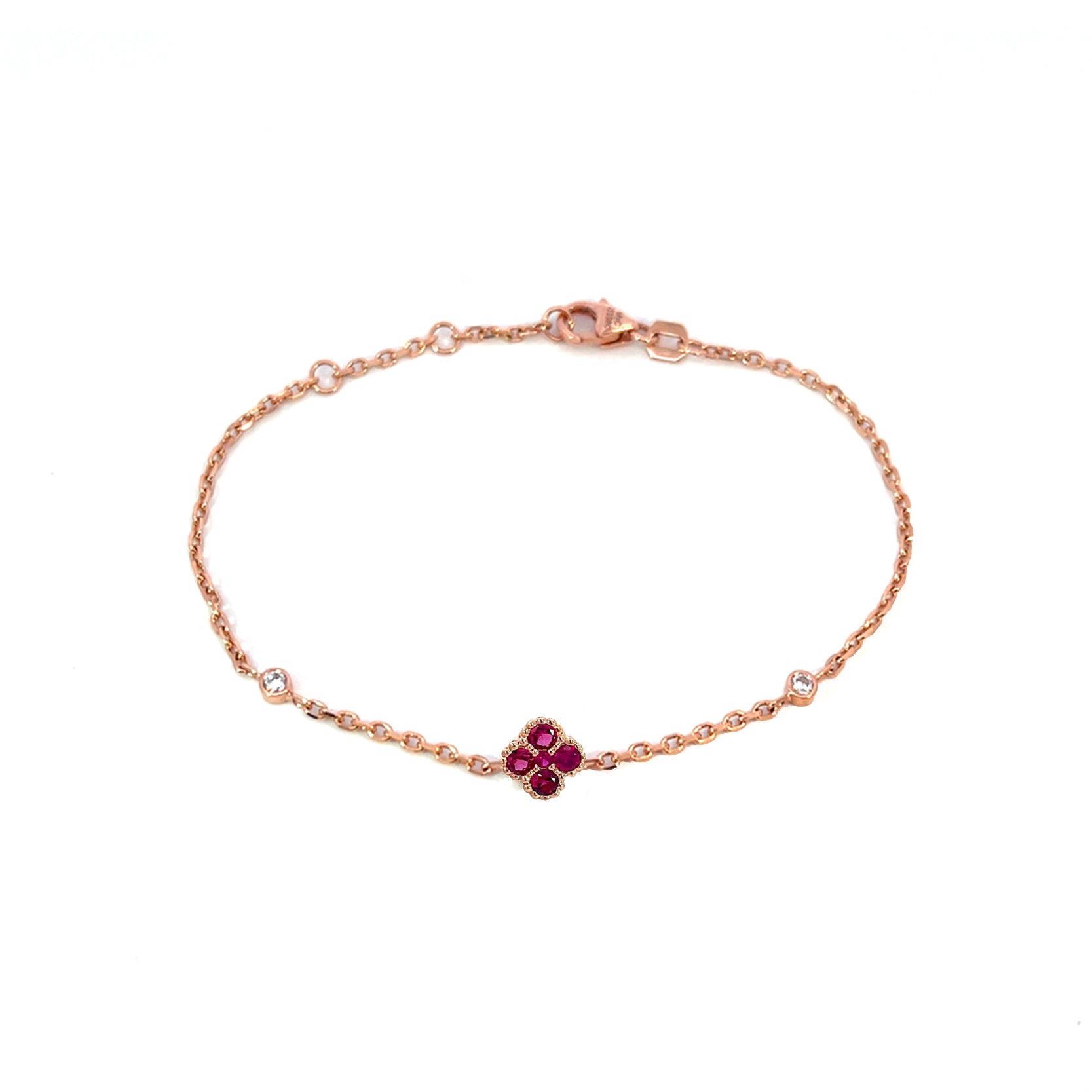 14K Rose Gold Chain Bracelet with Ruby Clover Cluster and Bezel Set Diamonds