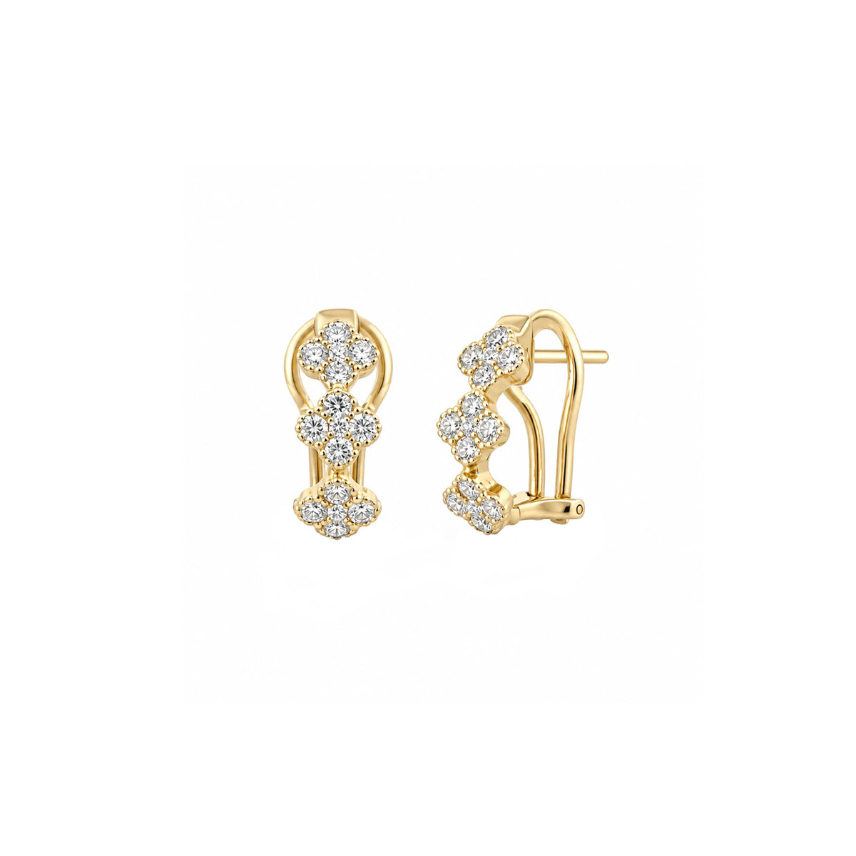 Petite 14K Yellow Gold Clover Style Latch Back Earrings with 30 Diamonds