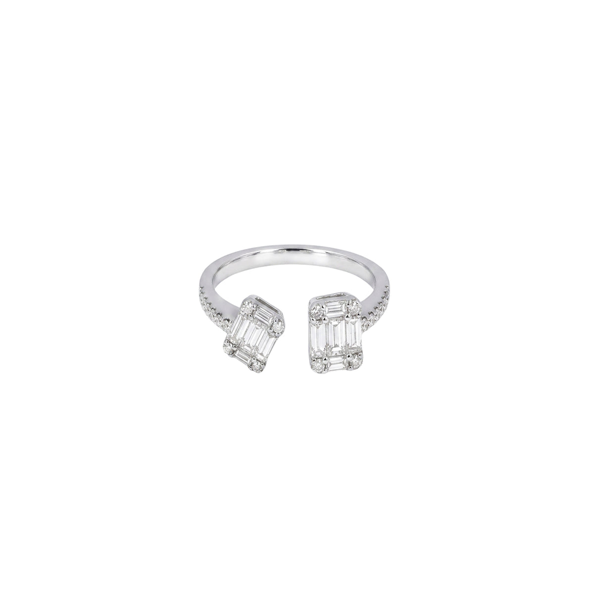 14K White Gold Double Emerald Illusion Open Ring With Pave Side Stones