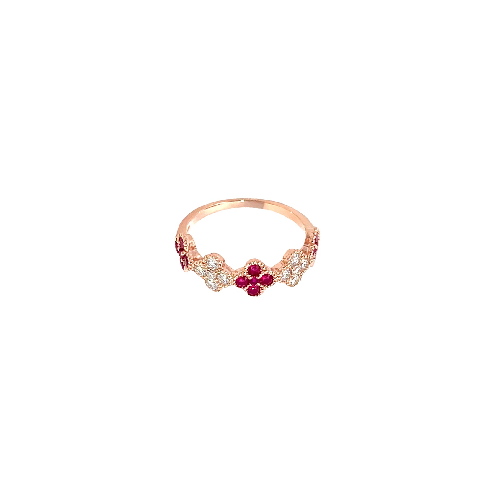 14K Rose Gold Ruby and Diamond Clover Cluster Half-Eternity Ring
