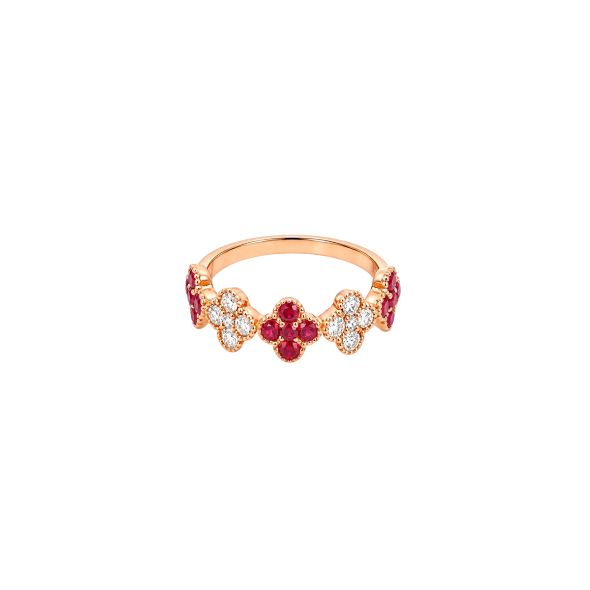 14K Rose Gold Ruby and Diamond Clover Cluster Half-Eternity Ring