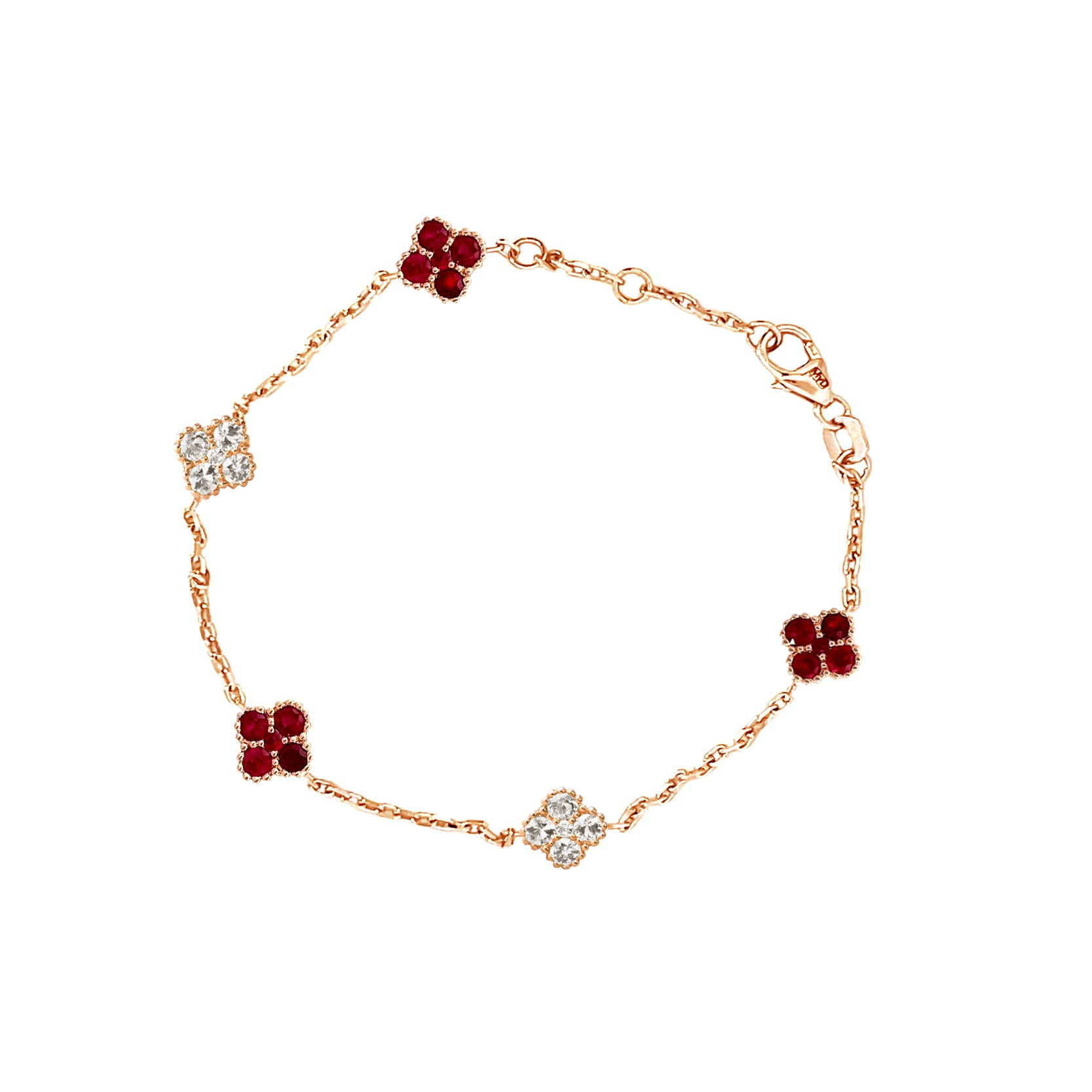 14K Rose Gold Chain Bracelet with Ruby and Diamond Clovers