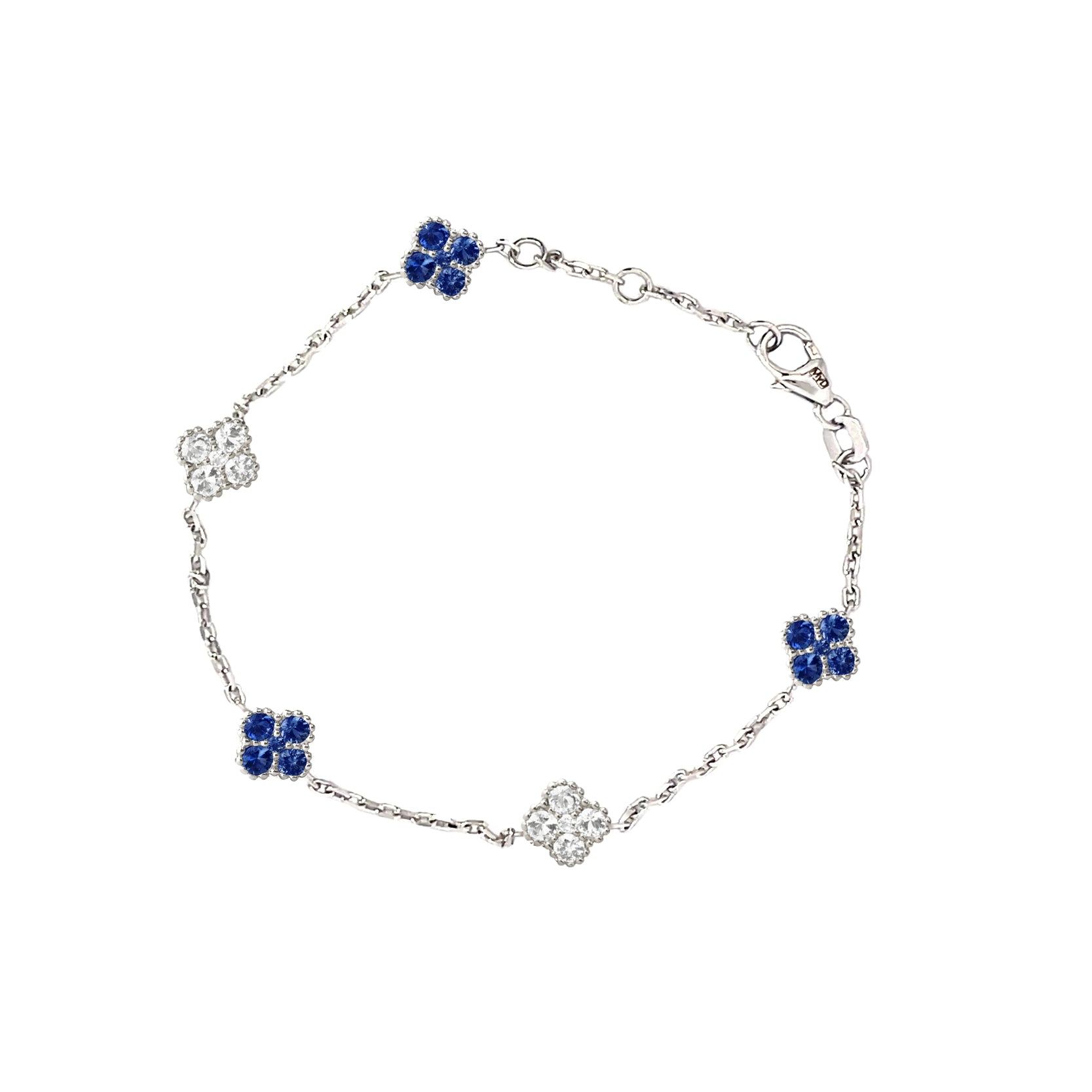 14K White Gold Chain Bracelet with Sapphire and Diamond Clovers