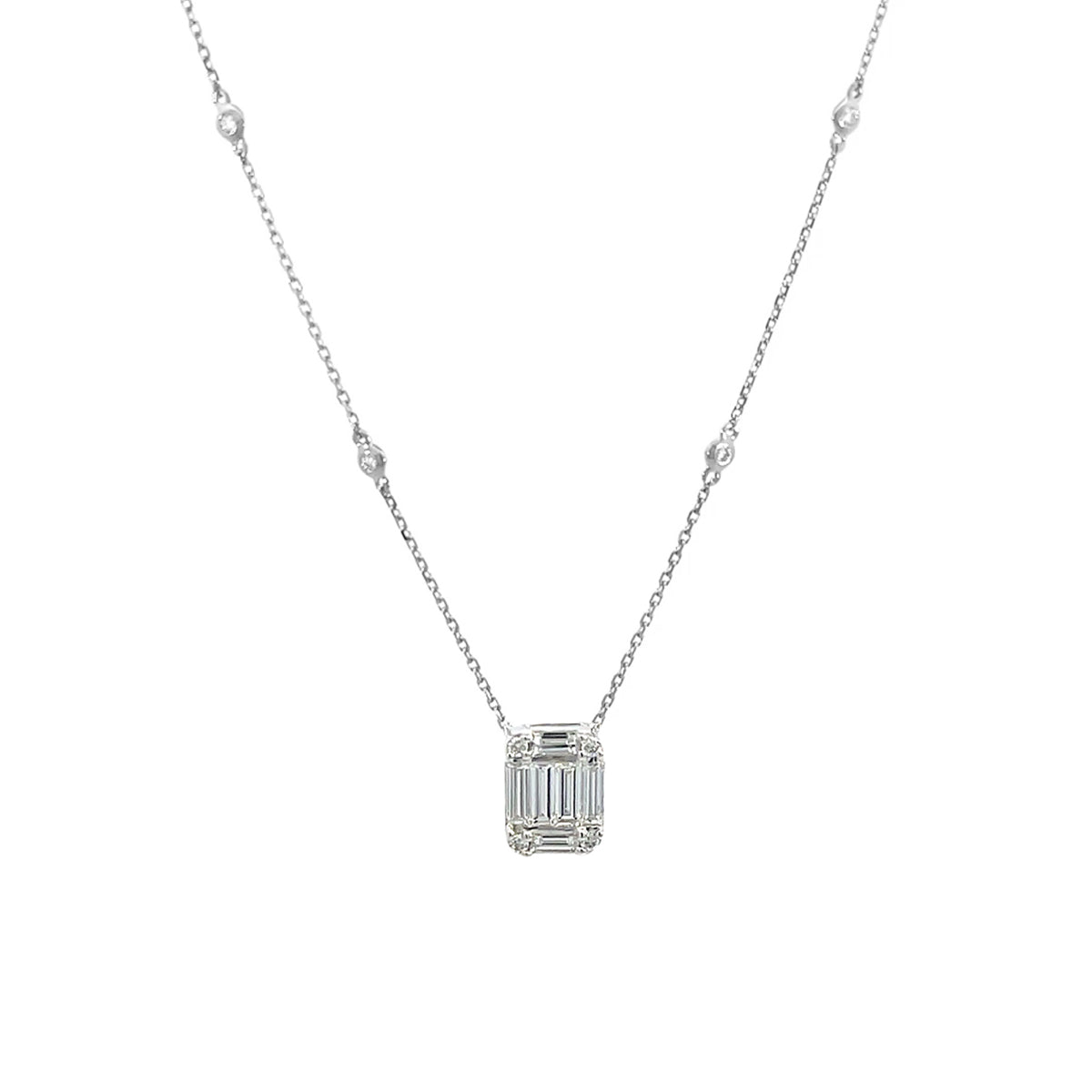 14K White Gold Emerald-Cut Illusion Diamond Pendant Chain Necklace