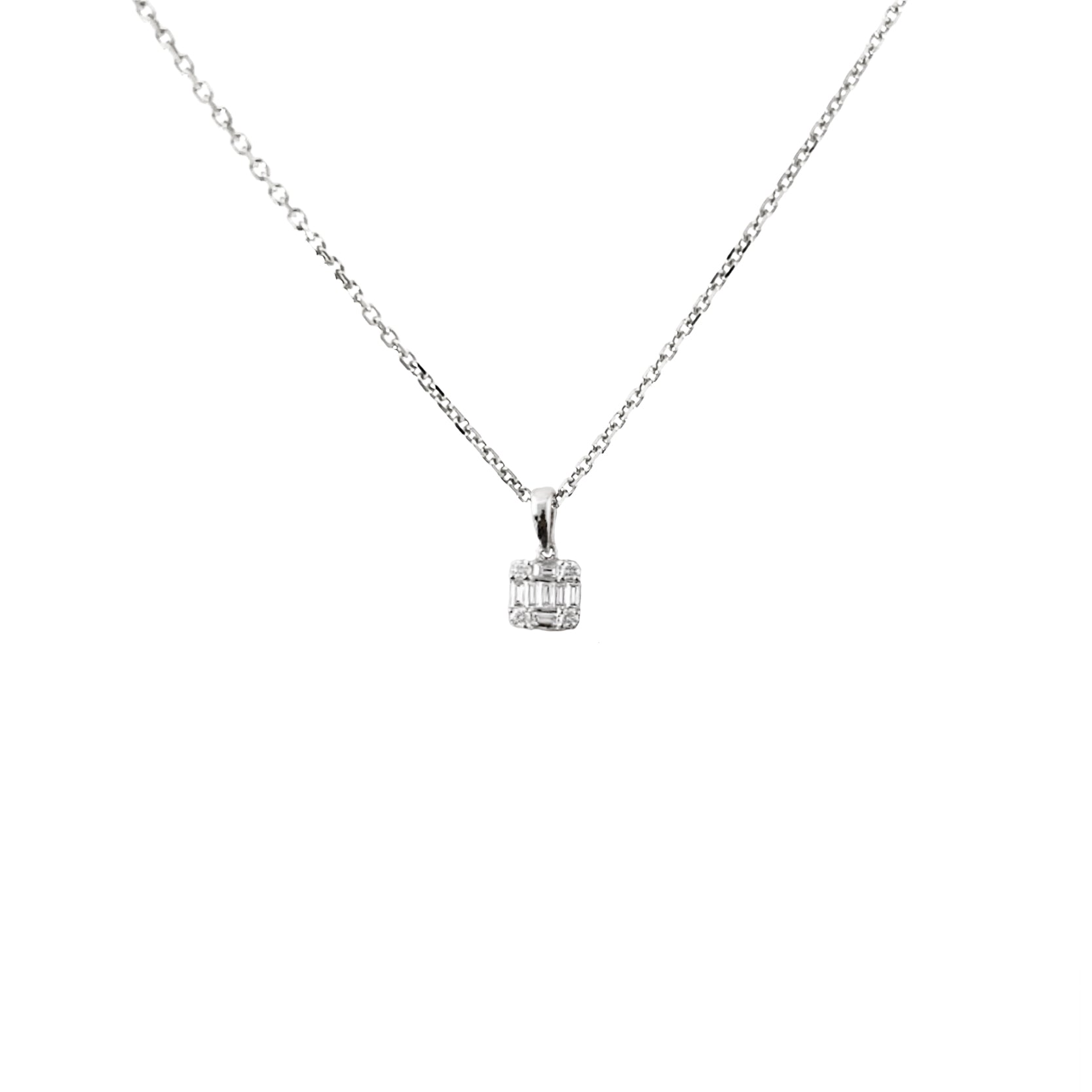 14K White Gold Chain Necklace with Square Emerald Illusion Diamond Cluster Pendant