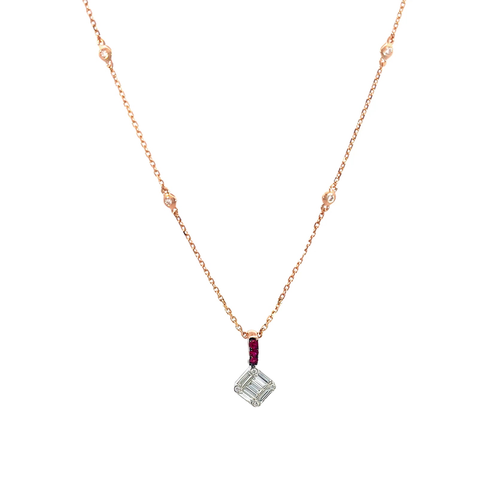 14K Rose Gold Chain Necklace with 14K White Rose Gold Ruby and Diamond Square Pendant