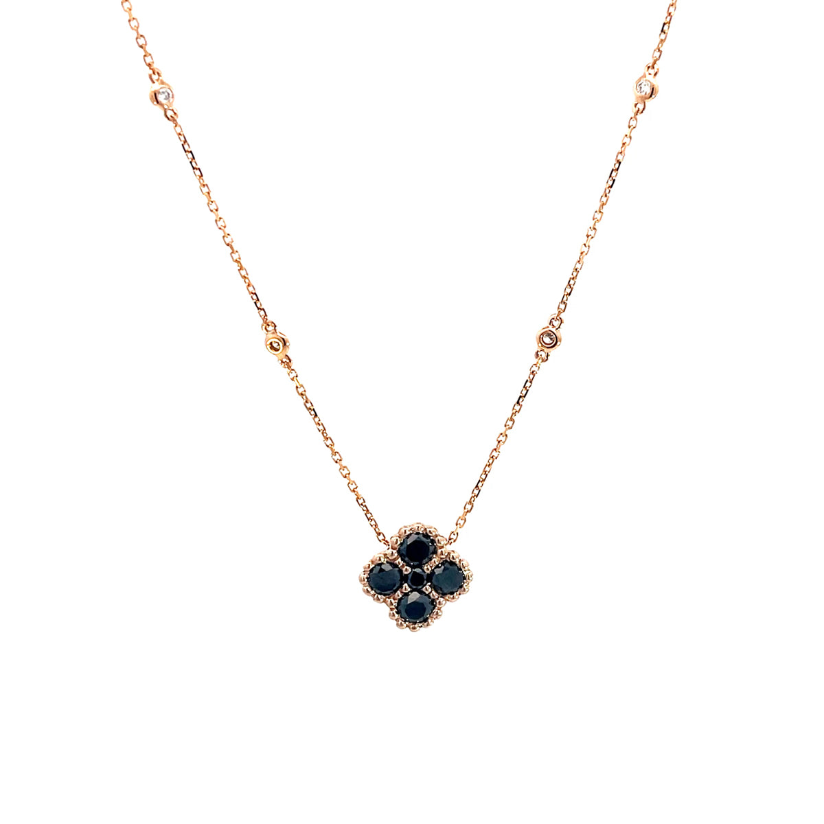 14K Rose Gold Black Diamond Clover Pendant Necklace