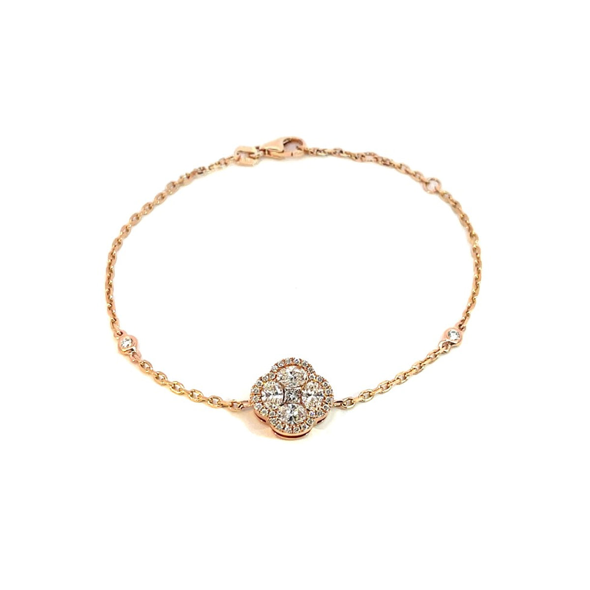 14K Rose Gold Chain Bracelet with Diamond Halo Clover Cluster and Bezel Set Diamonds