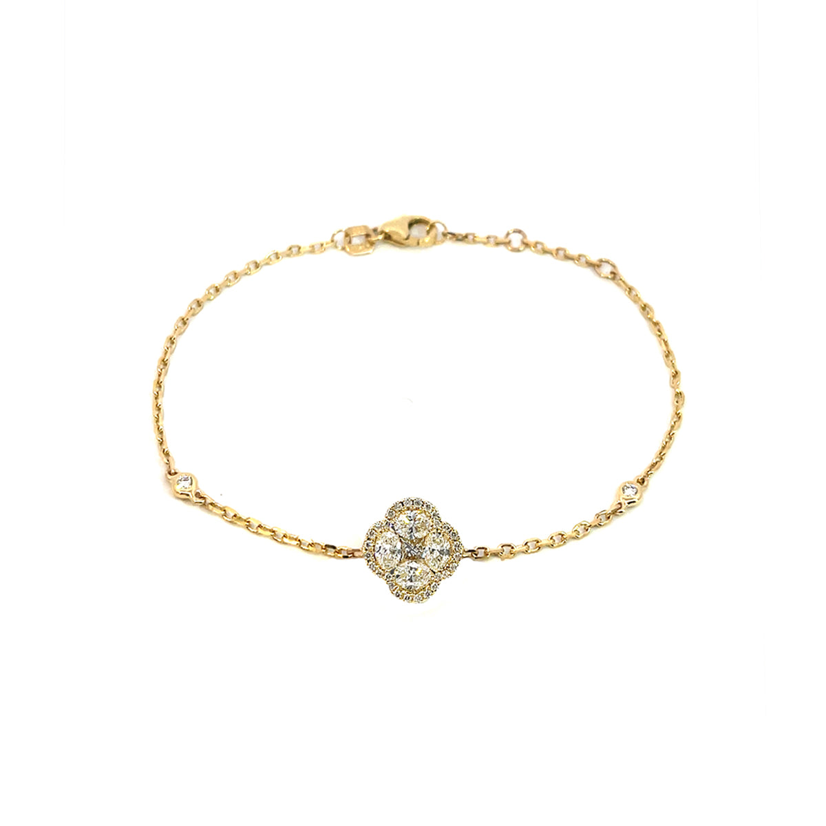 14K Yellow Gold Chain Bracelet with Diamond Halo Clover Cluster and Bezel Set Diamonds