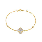 14K Yellow Gold Chain Bracelet with Diamond Halo Clover Cluster and Bezel Set Diamonds