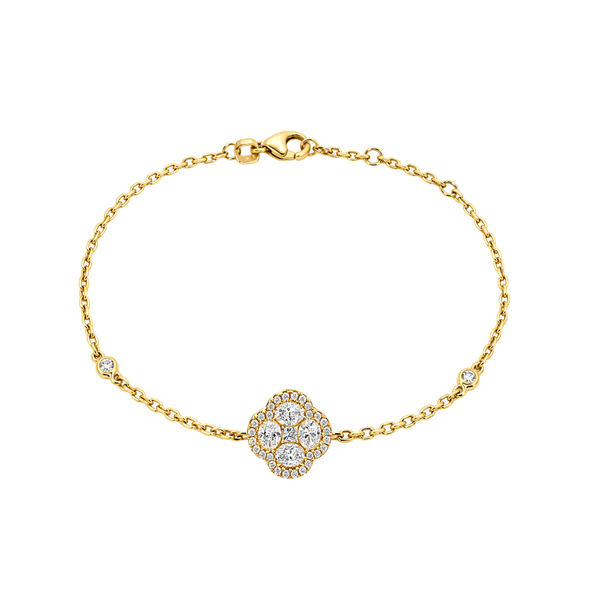 14K Yellow Gold Chain Bracelet with Diamond Halo Clover Cluster and Bezel Set Diamonds