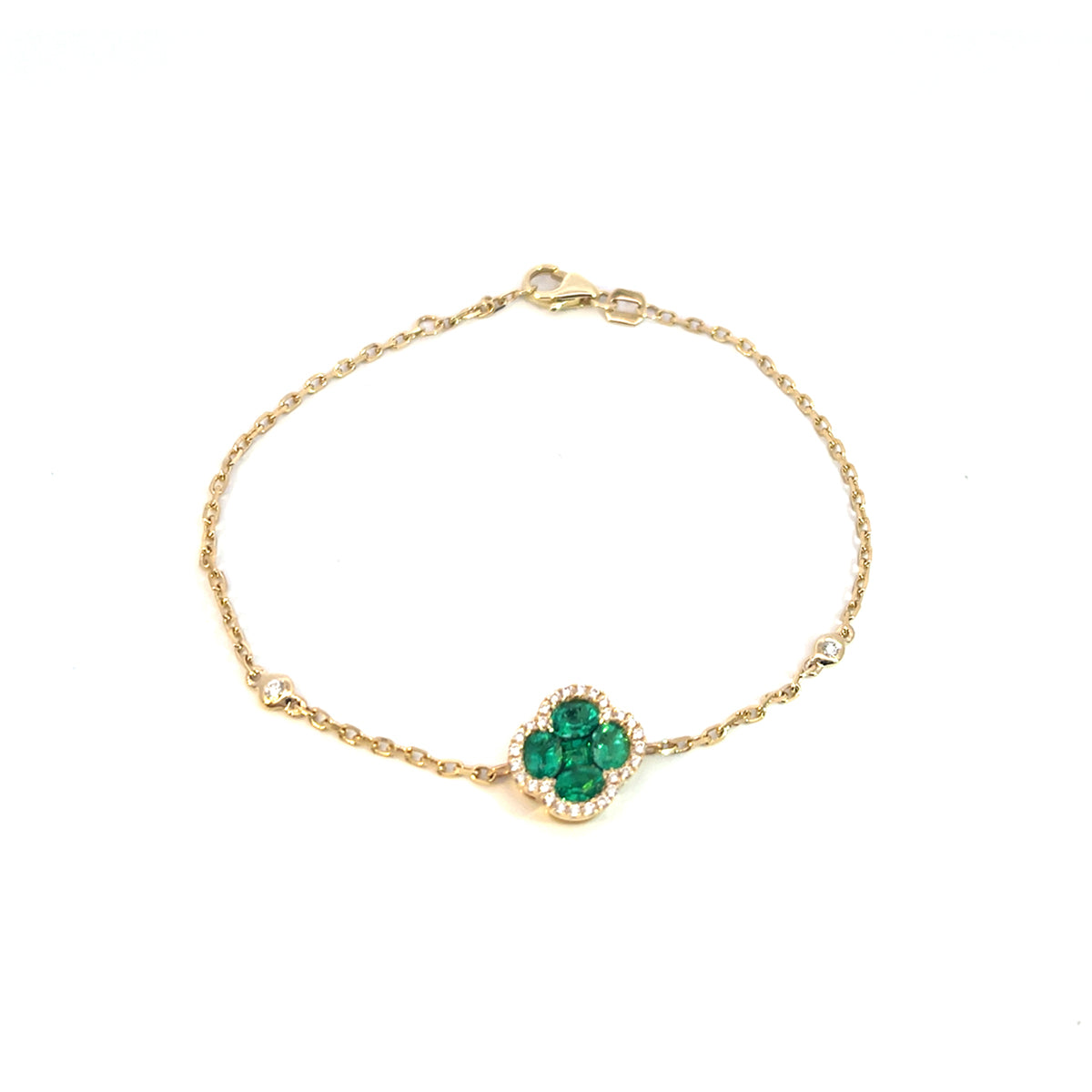 14K Yellow Gold Chain Bracelet with Emerald and Diamond Halo Clover Cluster and Bezel Set Diamonds